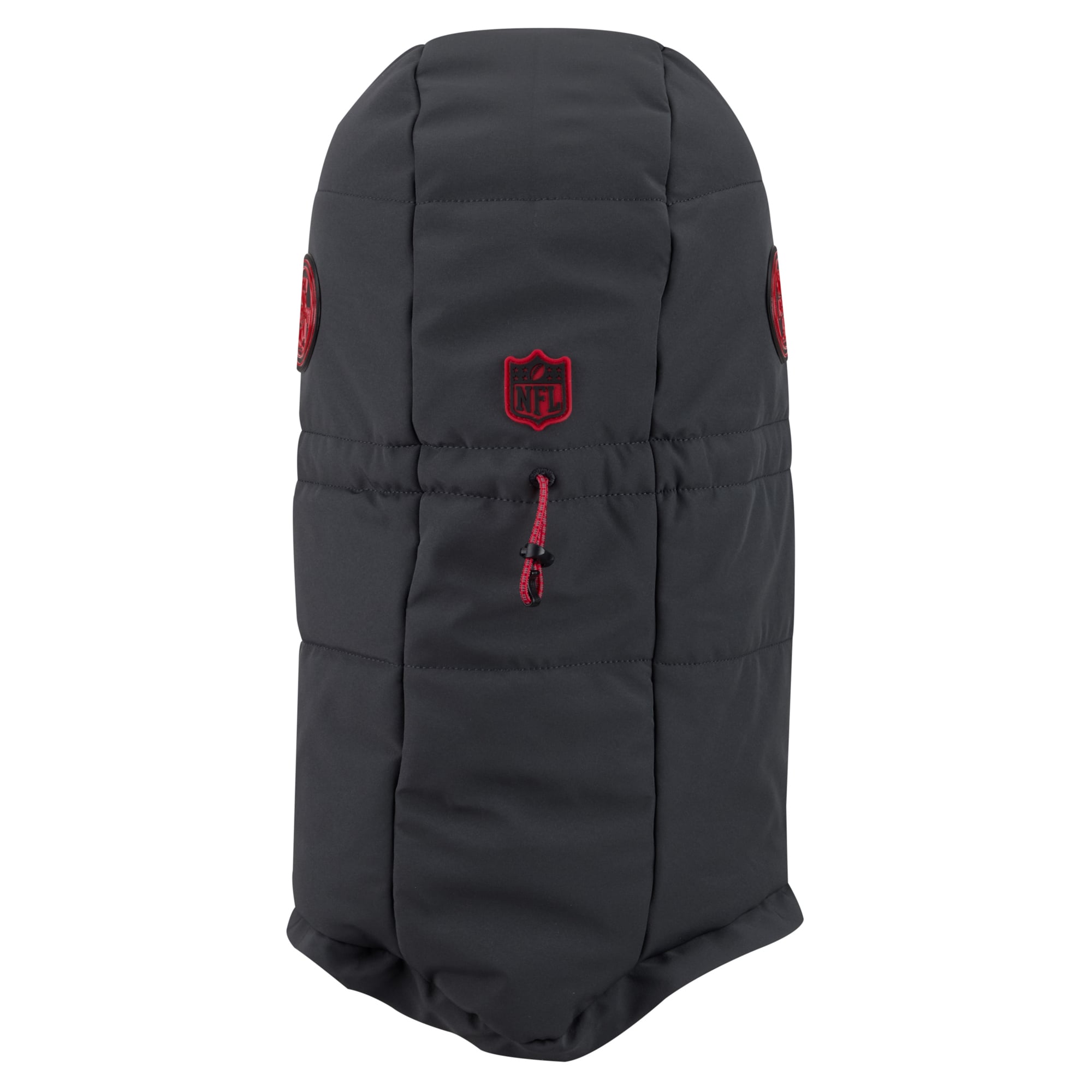 Sweat à capuche matelassé ajustable New Era pour homme, couleur anthracite, San Francisco 49ers, collection 2026 Sideline, idéal par temps froid.