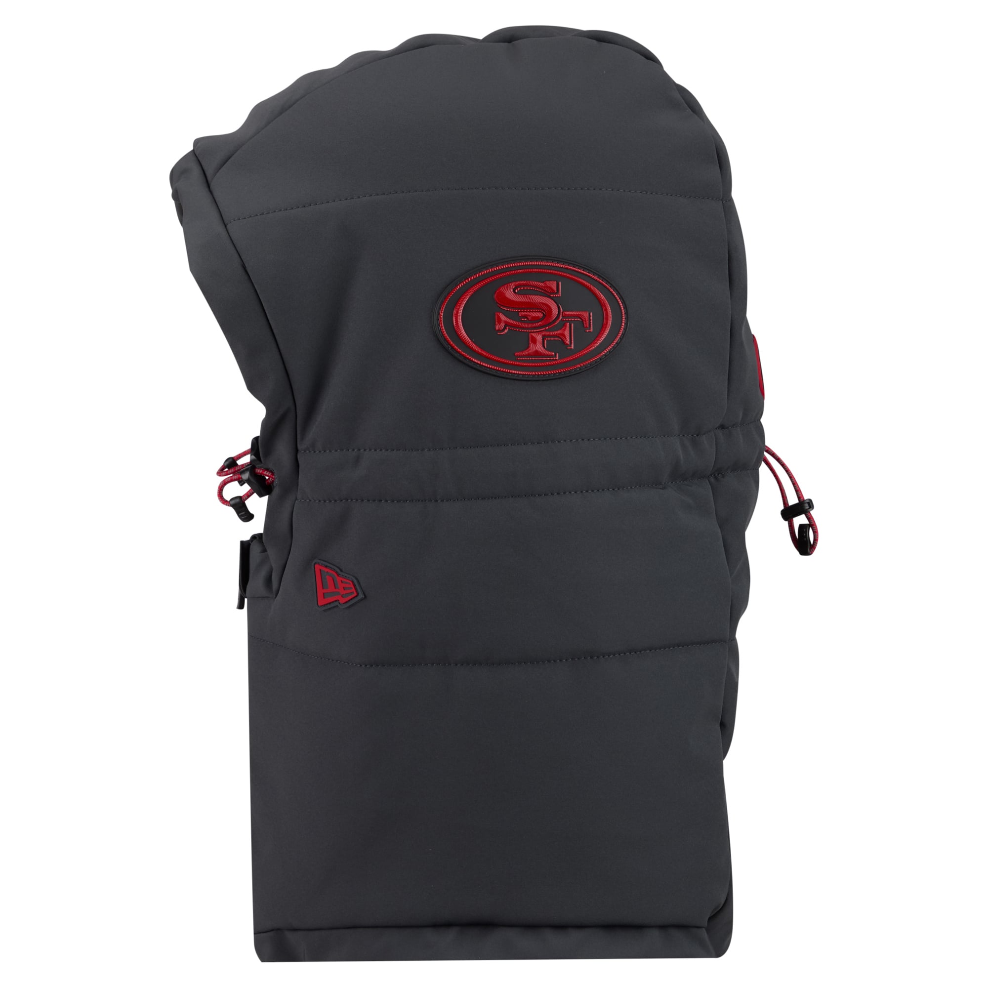 Sweat à capuche matelassé ajustable New Era pour homme, couleur anthracite, San Francisco 49ers, collection 2026 Sideline, idéal par temps froid.