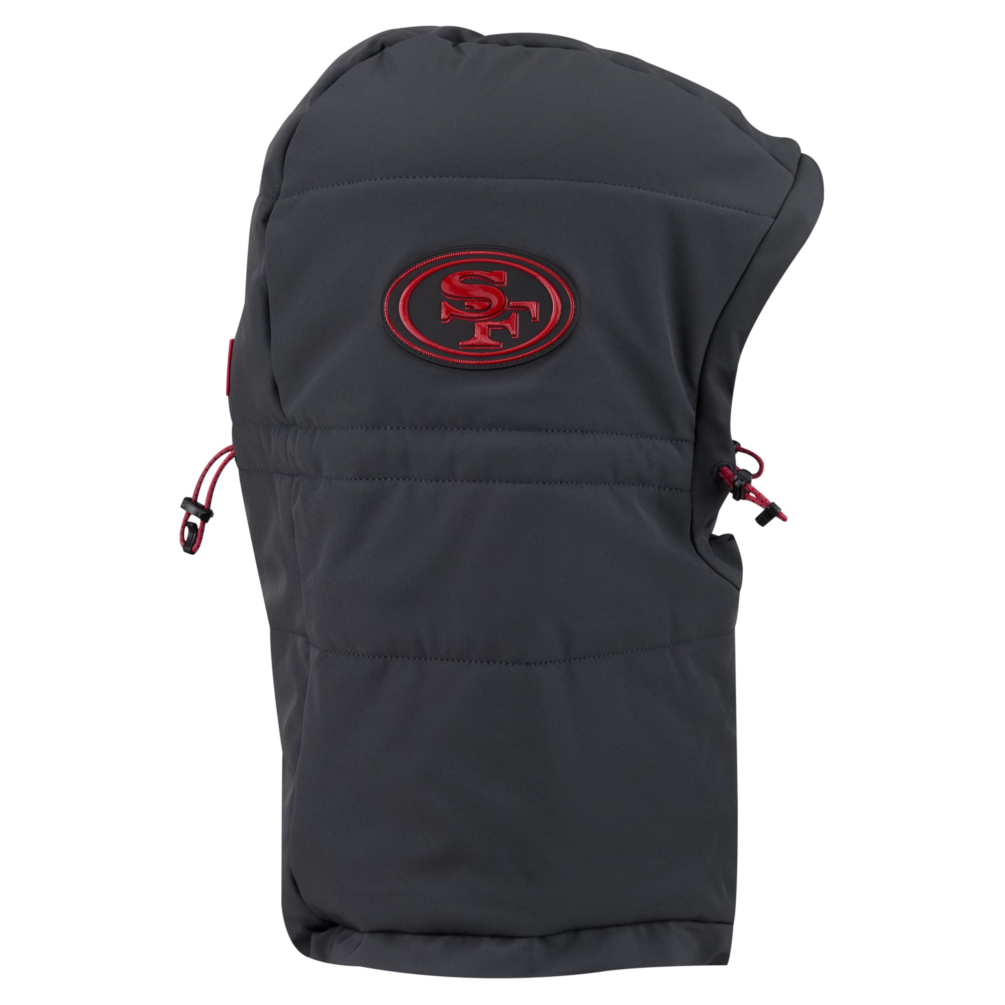 Sweat à capuche matelassé ajustable New Era pour homme, couleur anthracite, San Francisco 49ers, collection 2026 Sideline, idéal par temps froid.