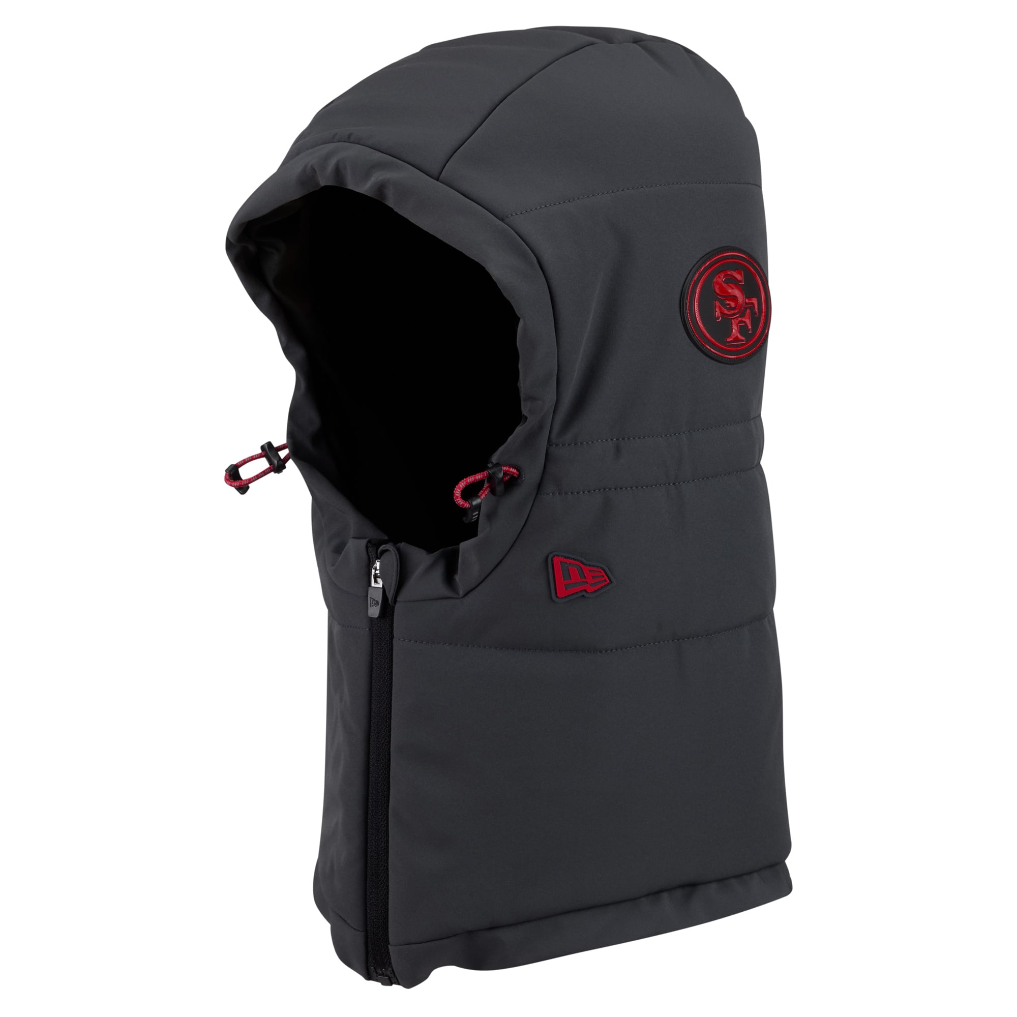 Sweat à capuche matelassé ajustable New Era pour homme, couleur anthracite, San Francisco 49ers, collection 2026 Sideline, idéal par temps froid.