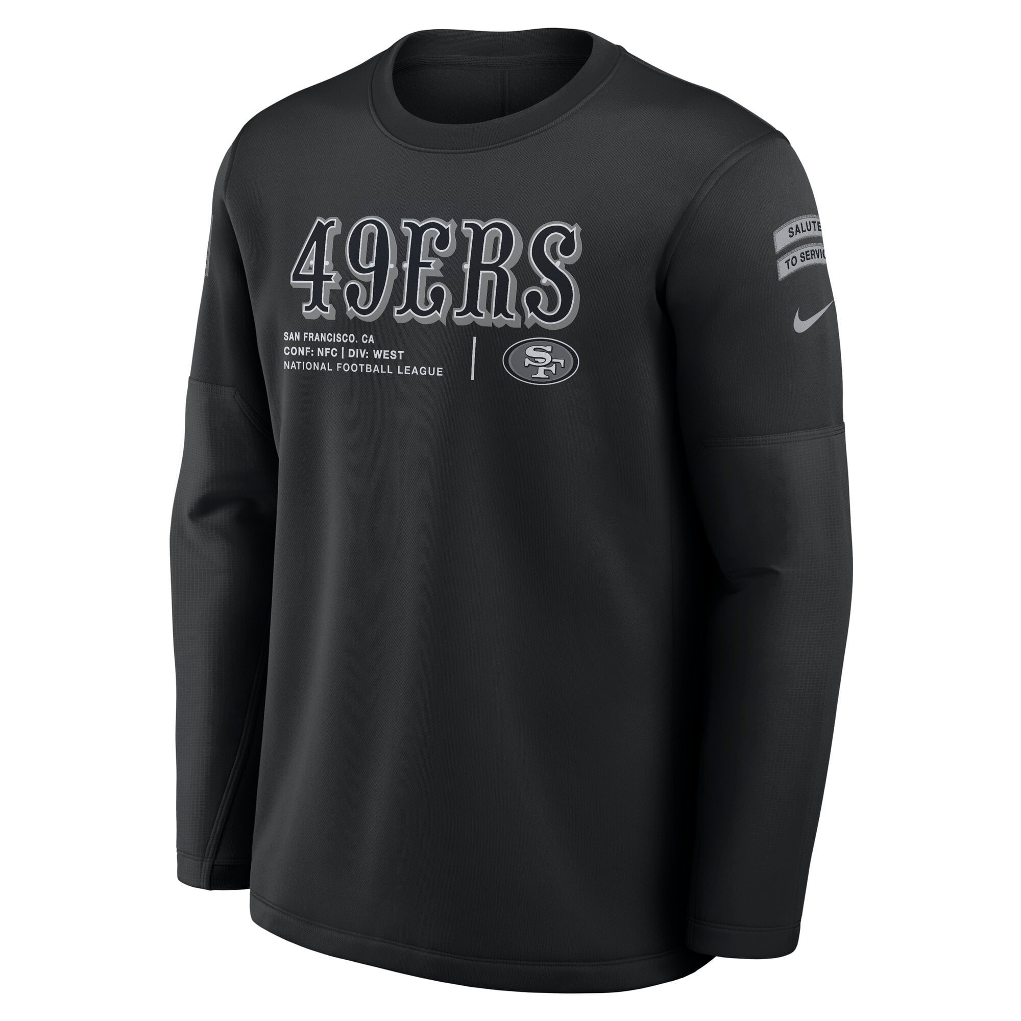 Sweat-shirt Nike noir pour homme San Francisco 49ers 2026 Salute to Service Sideline Coaches à col rond et coupe Therma-FIT