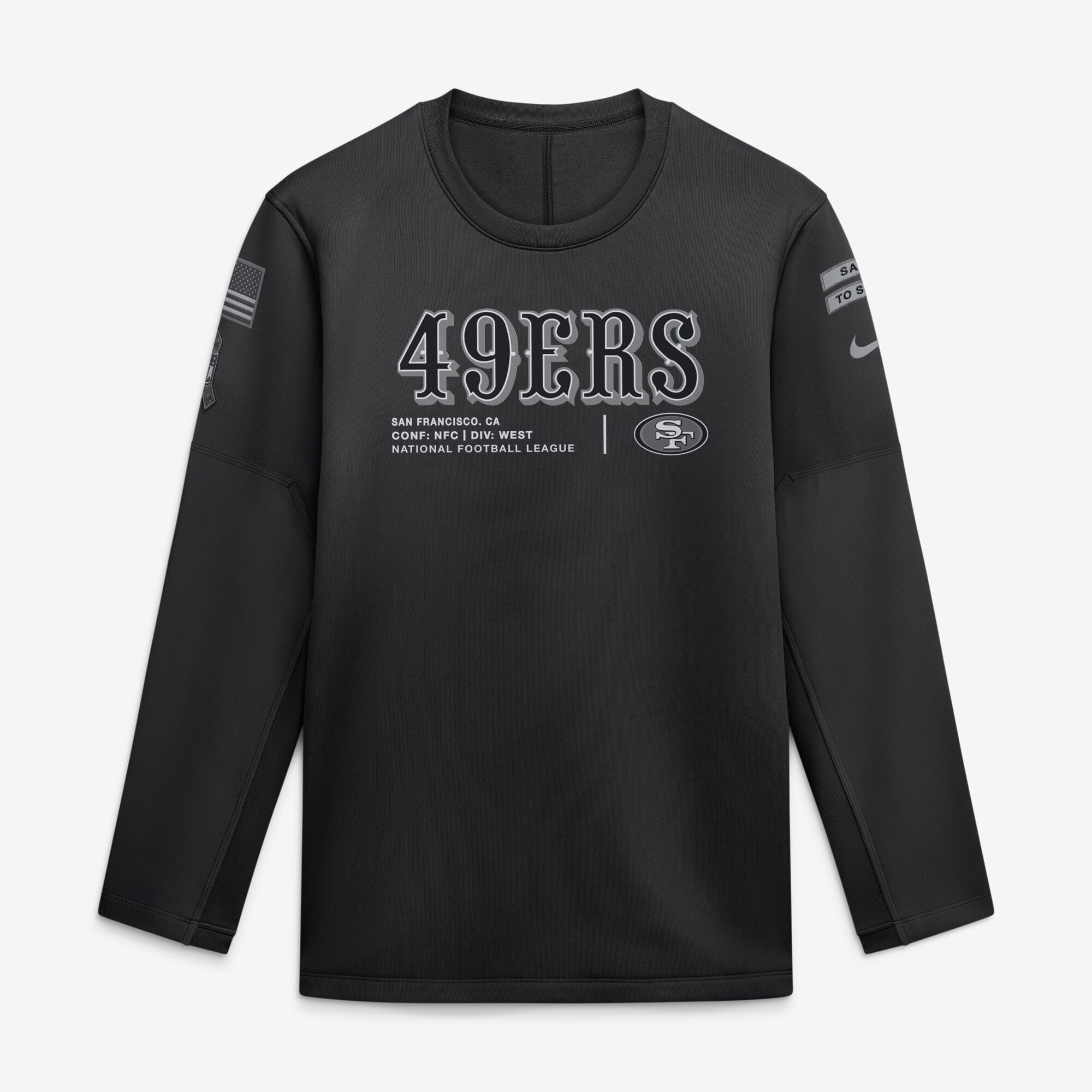Sweat-shirt Nike noir pour homme San Francisco 49ers 2026 Salute to Service Sideline Coaches à col rond et coupe Therma-FIT