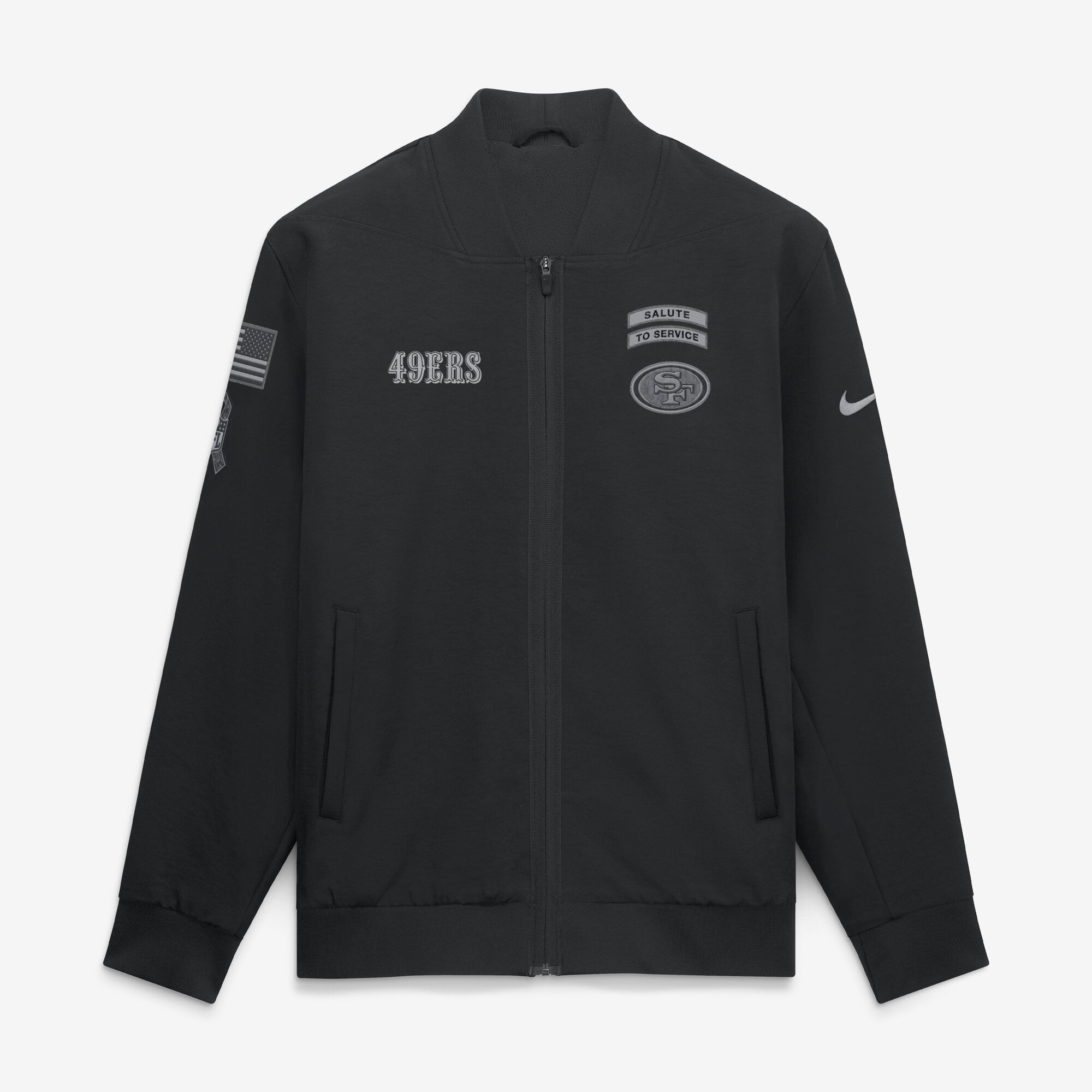 Veste bomber zippée intégrale Nike noire pour homme, San Francisco 49ers 2026 Salute to Service Sideline