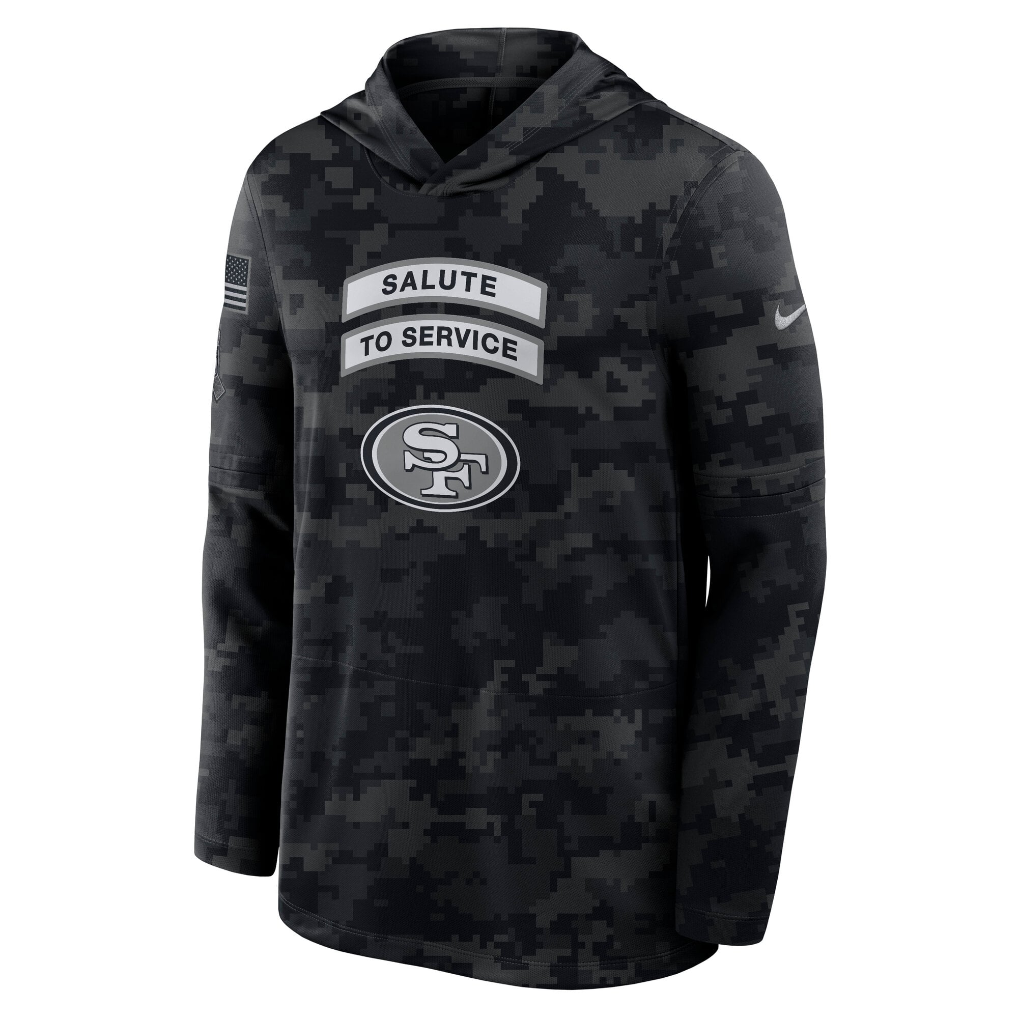 T-shirt à manches longues Nike noir pour homme, San Francisco 49ers 2026 Salute to Service, collection Sideline, léger, capuche et technologie Dri-FIT.