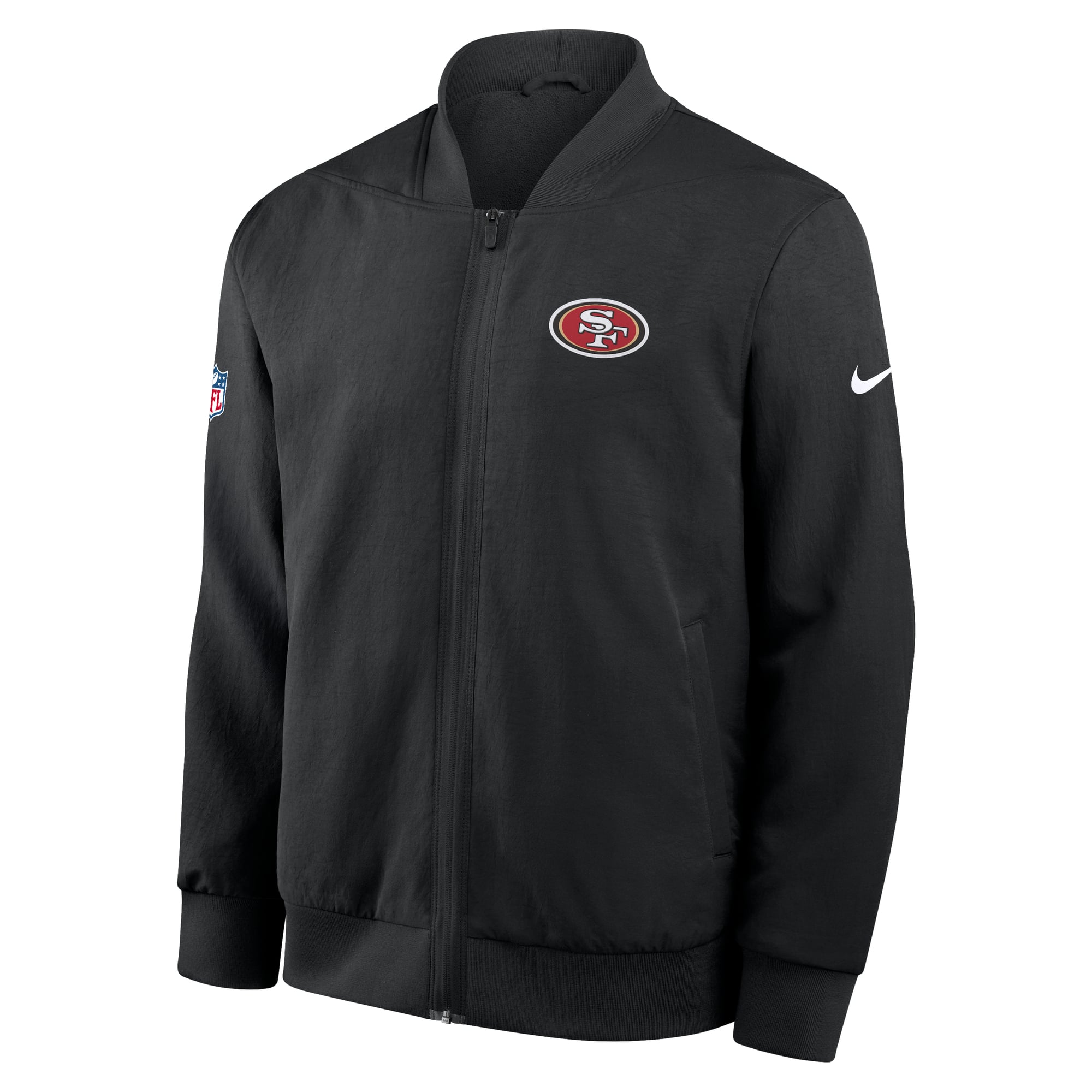 Veste bomber zippée intégrale Nike Dri-FIT pour homme, modèle Sideline des 49ers de San Francisco, noire, avec technologie blocage puissante.