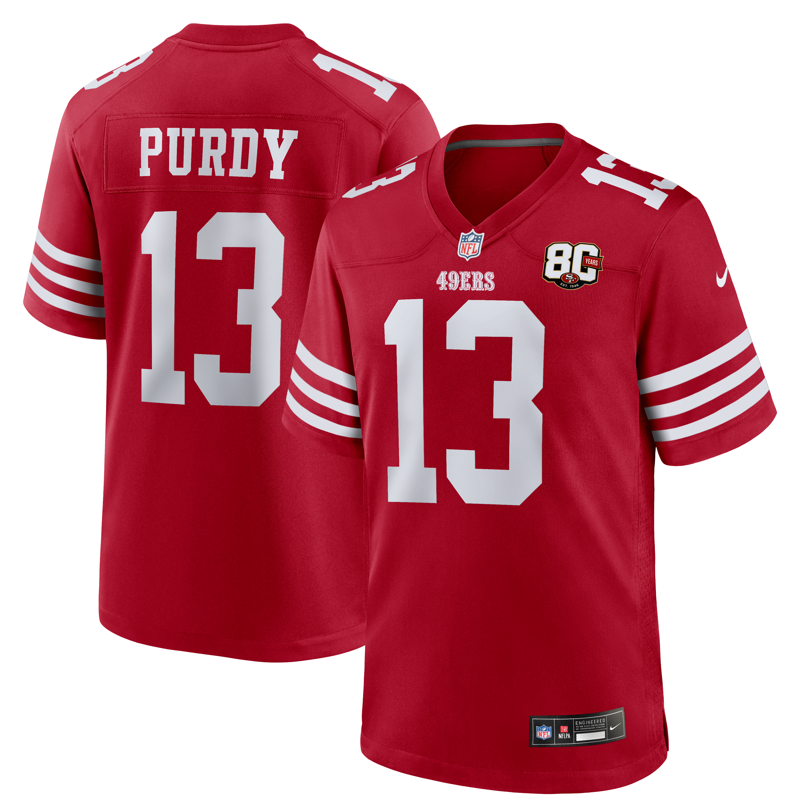 Maillot Nike Brock Purdy Scarlet des 49ers de San Francisco, édition spéciale 80e anniversaire