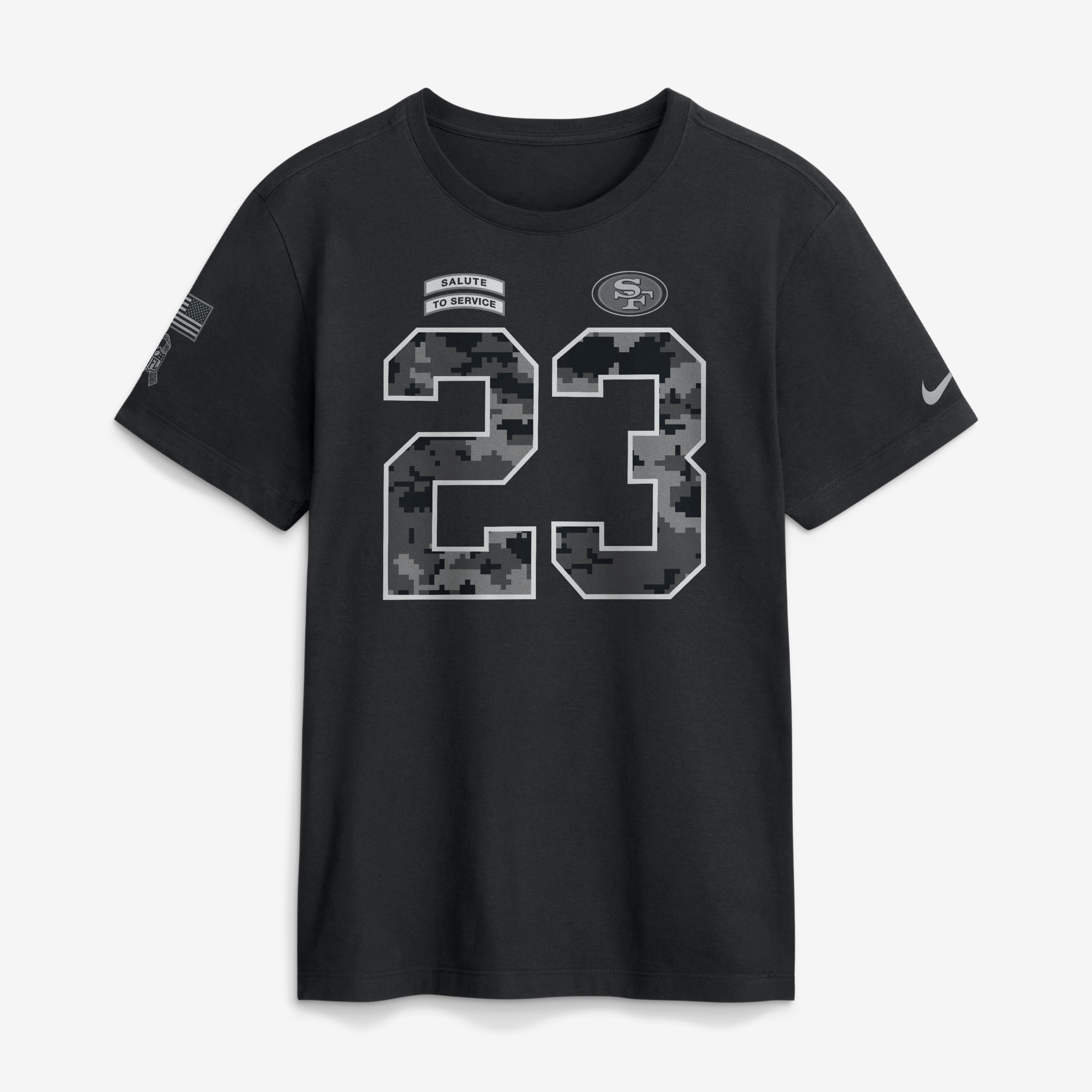 T-shirt Nike Christian McCaffrey noir pour homme, San Francisco 49ers 2026, hommage au service, nom et numéro