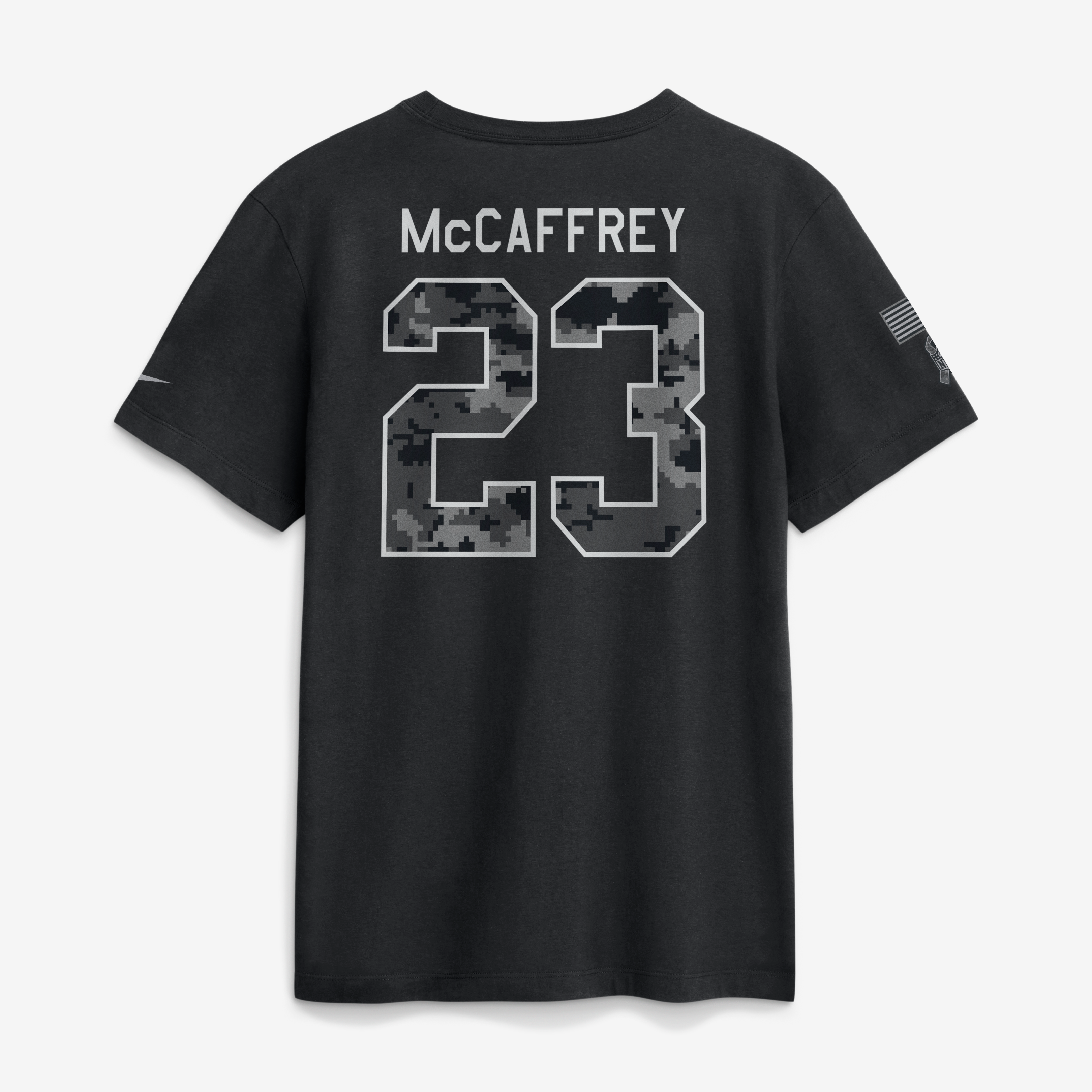 T-shirt Nike Christian McCaffrey noir pour homme, San Francisco 49ers 2026, hommage au service, nom et numéro