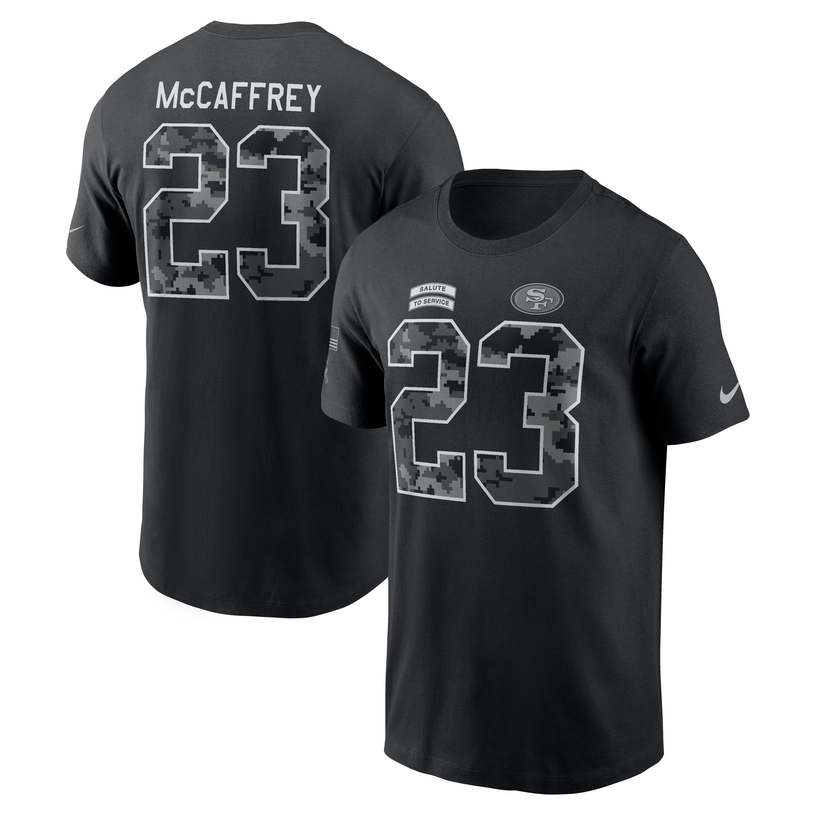 T-shirt Nike Christian McCaffrey noir pour homme, San Francisco 49ers 2026, hommage au service, nom et numéro