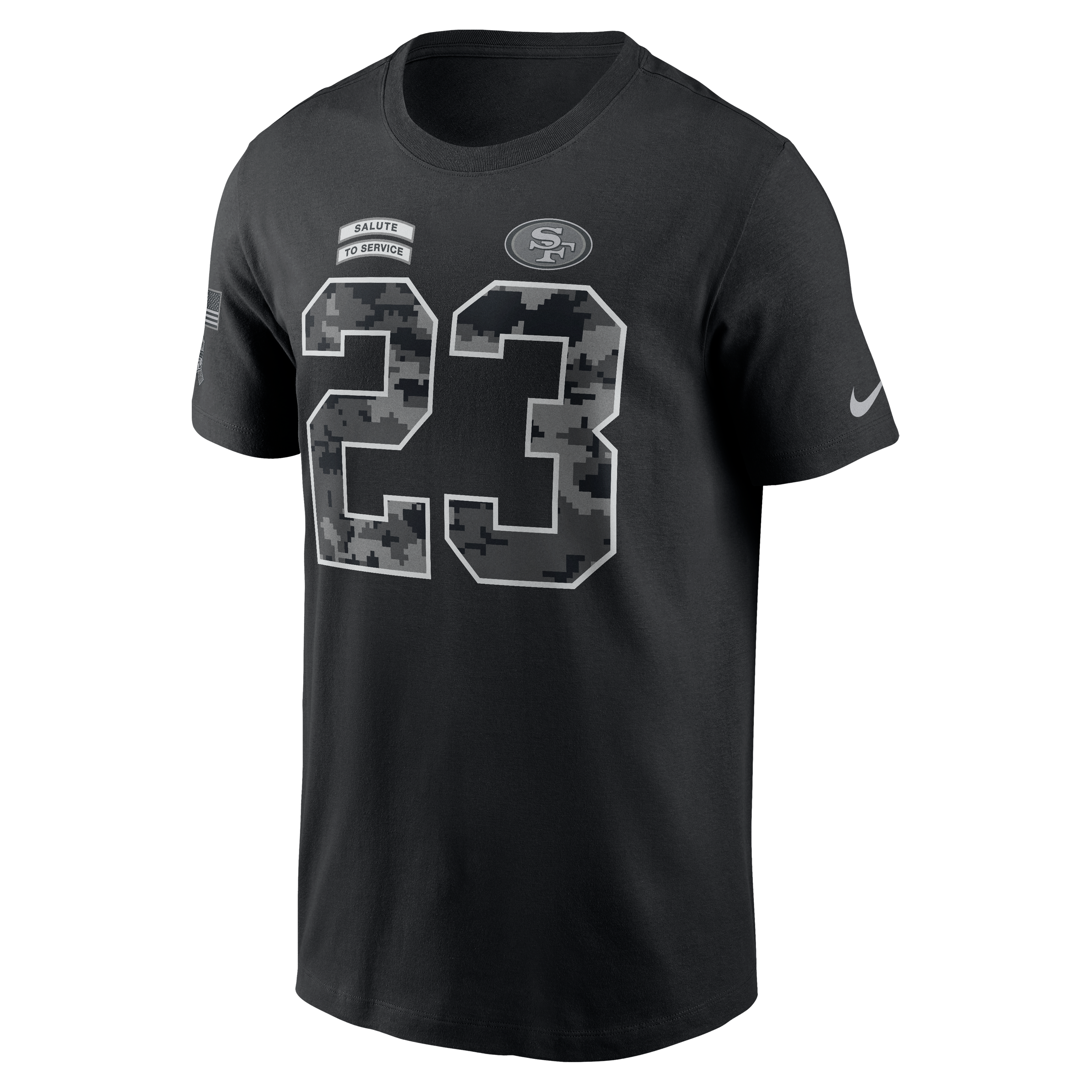 T-shirt Nike Christian McCaffrey noir pour homme, San Francisco 49ers 2026, hommage au service, nom et numéro