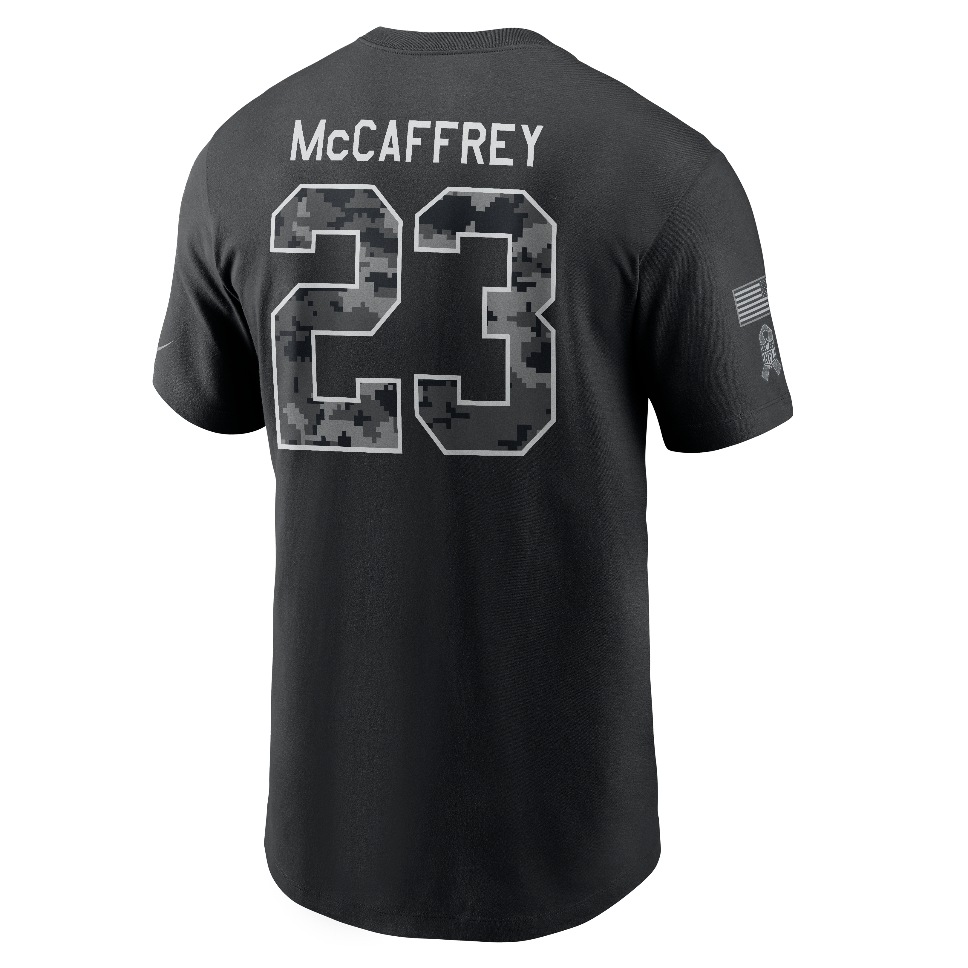 T-shirt Nike Christian McCaffrey noir pour homme, San Francisco 49ers 2026, hommage au service, nom et numéro