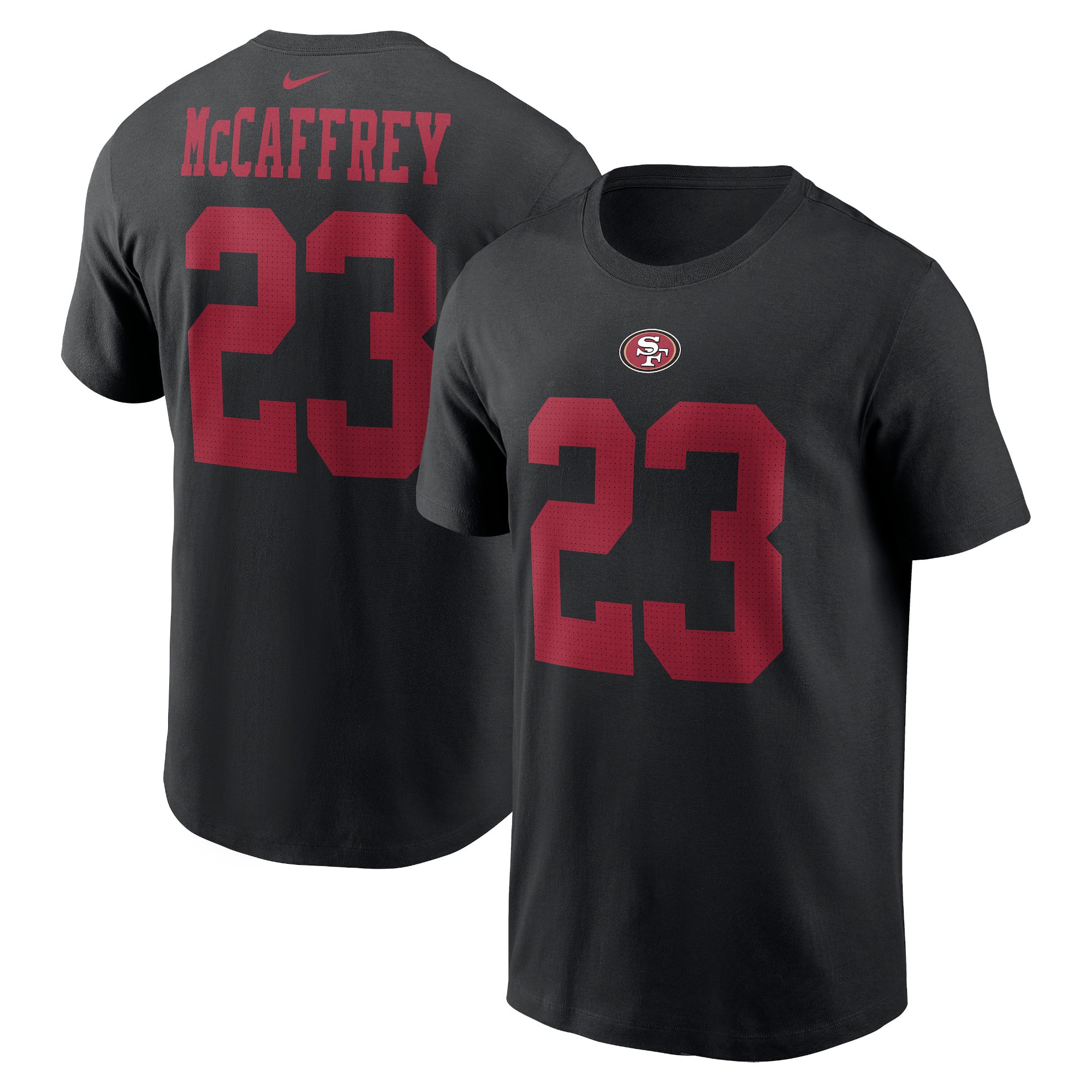 T-shirt Nike Christian McCaffrey rouge écarlate des 49ers de San Francisco pour homme, avec nom et numéro
