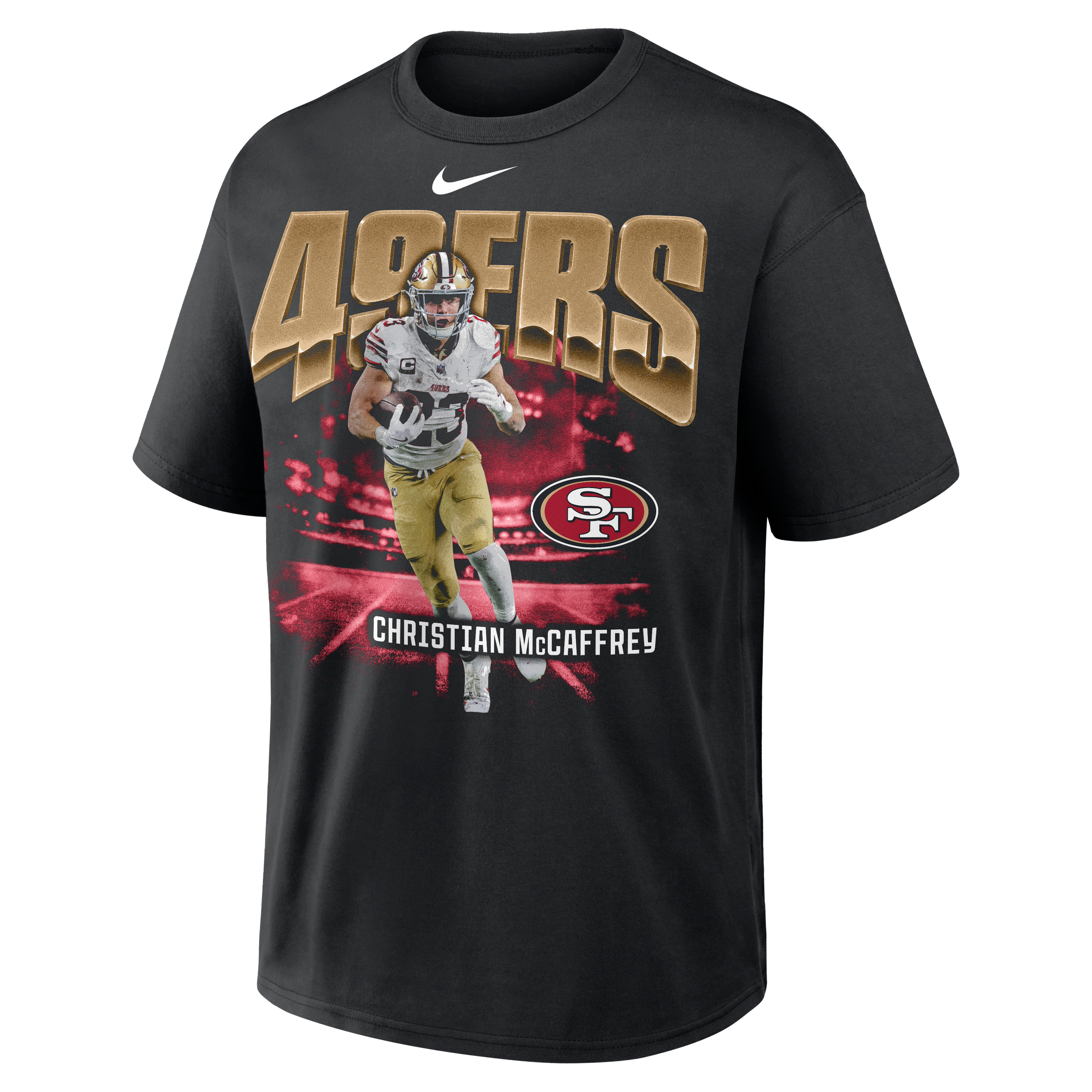 T-shirt Nike Max90 pour homme, noir, avec logo Christian McCaffrey, joueur des 49ers de San Francisco.