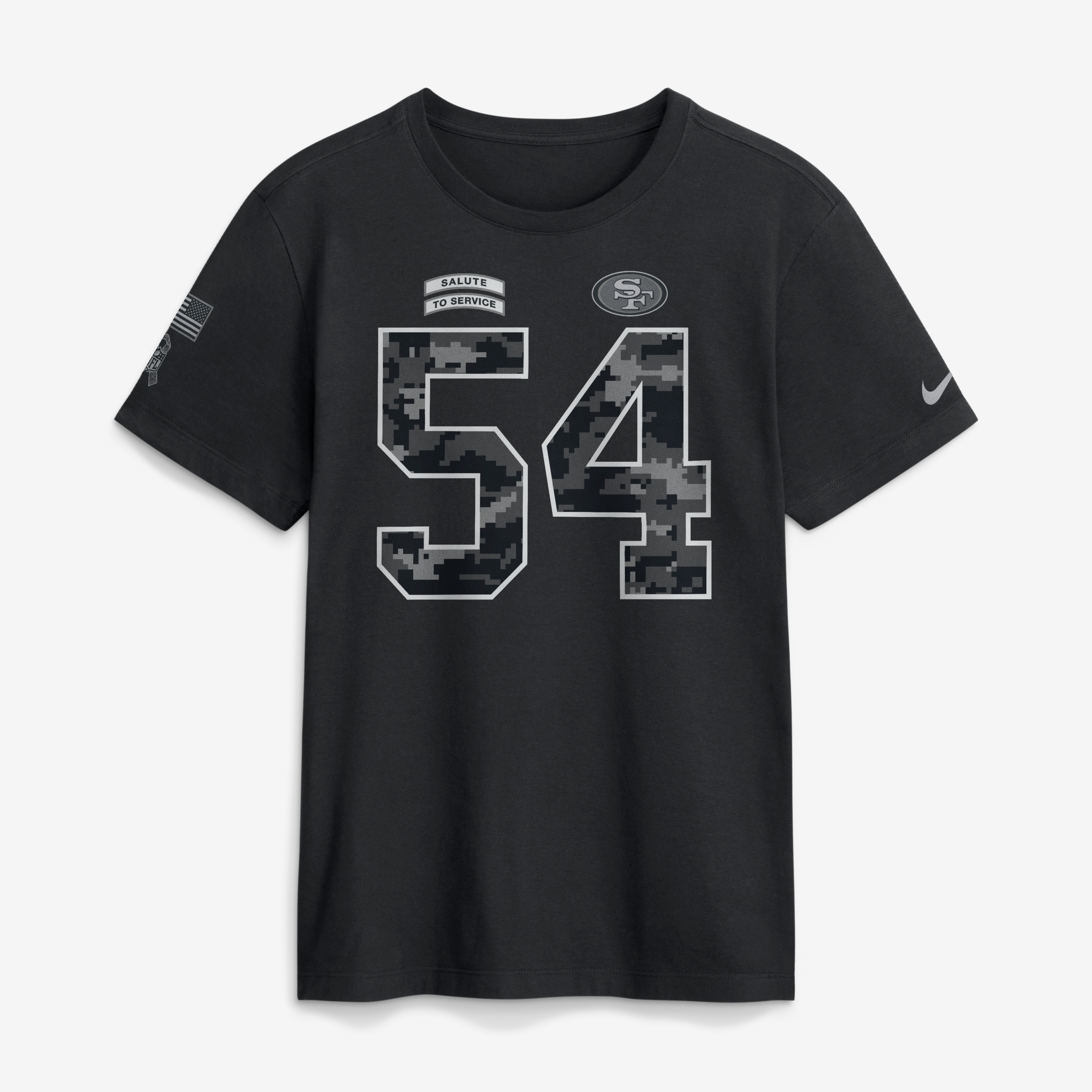 T-shirt Nike Fred Warner noir pour homme, San Francisco 49ers 2026 Salute to Service, nom et numéro