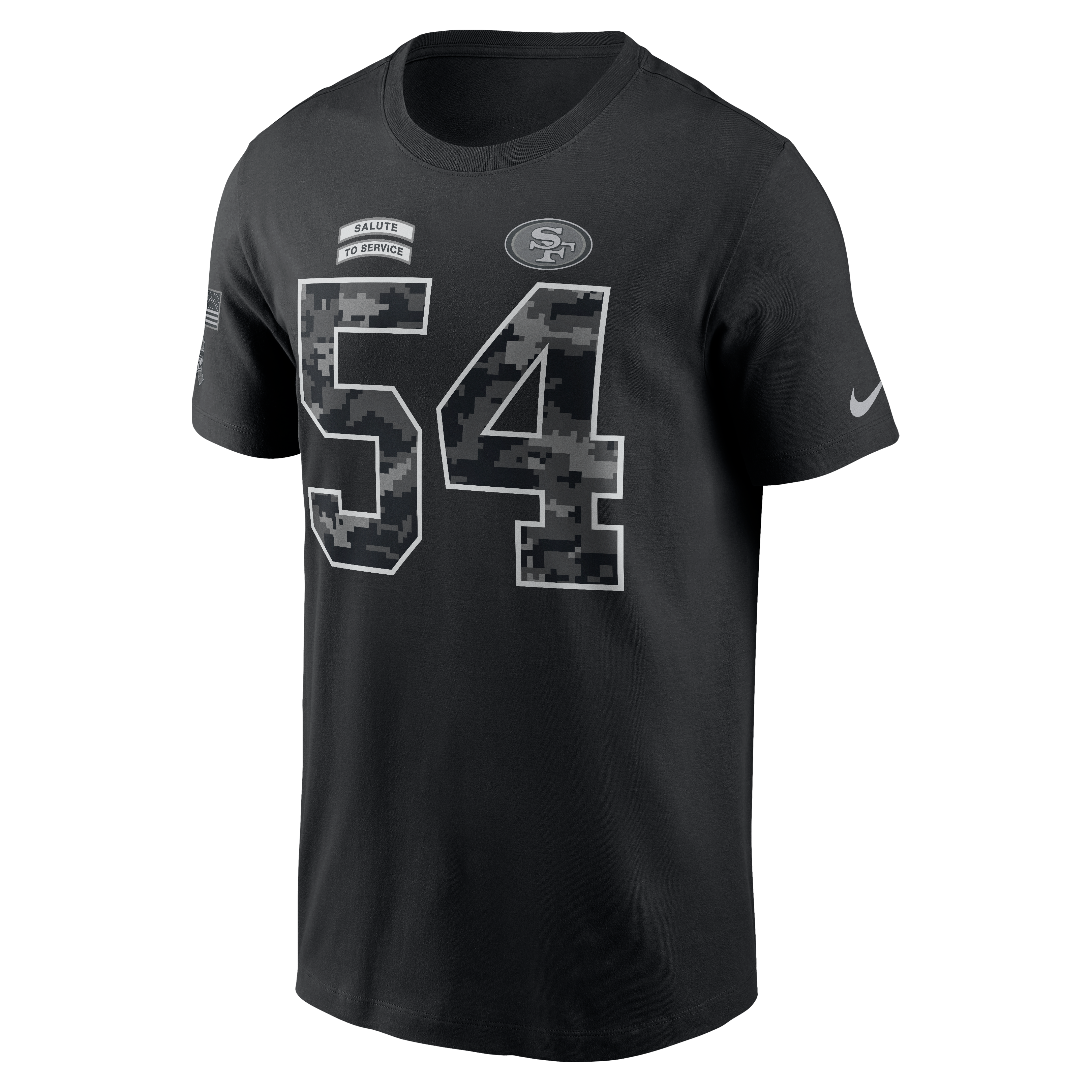T-shirt Nike Fred Warner noir pour homme, San Francisco 49ers 2026 Salute to Service, nom et numéro
