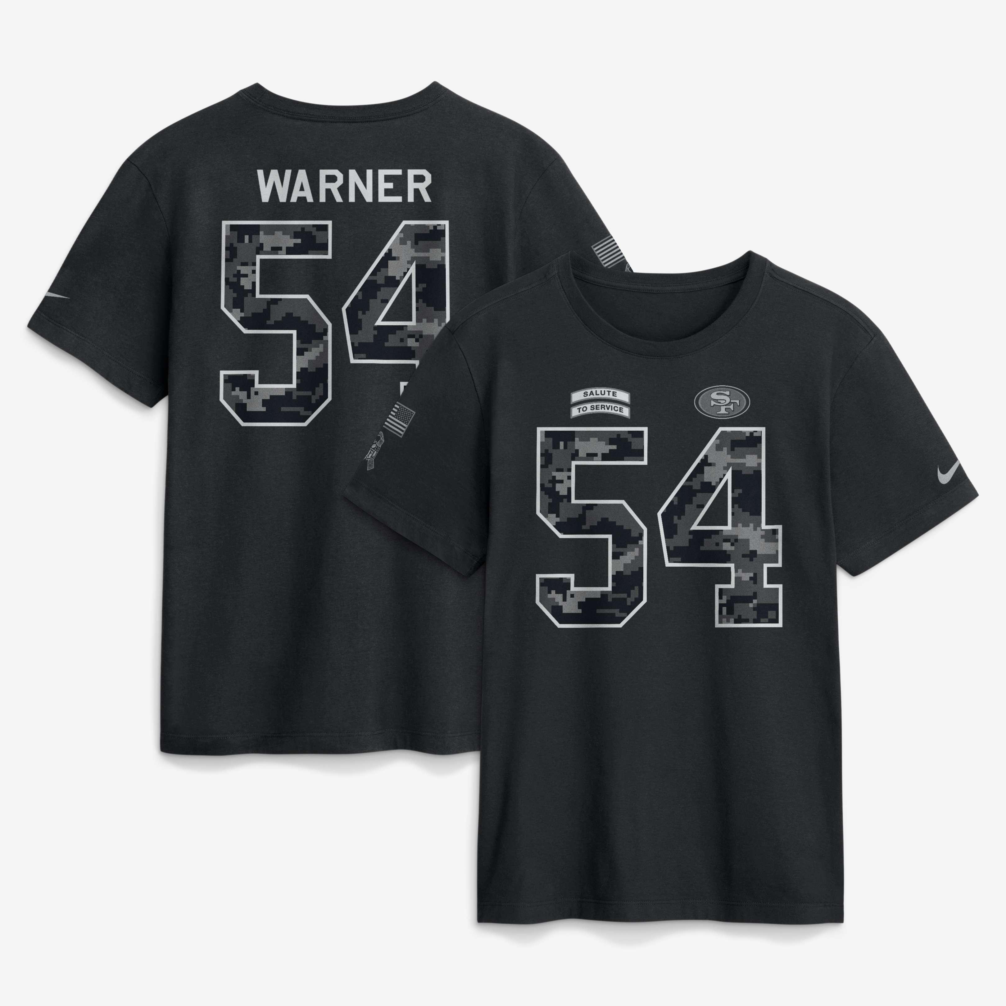 T-shirt Nike Fred Warner noir pour homme, San Francisco 49ers 2026 Salute to Service, nom et numéro