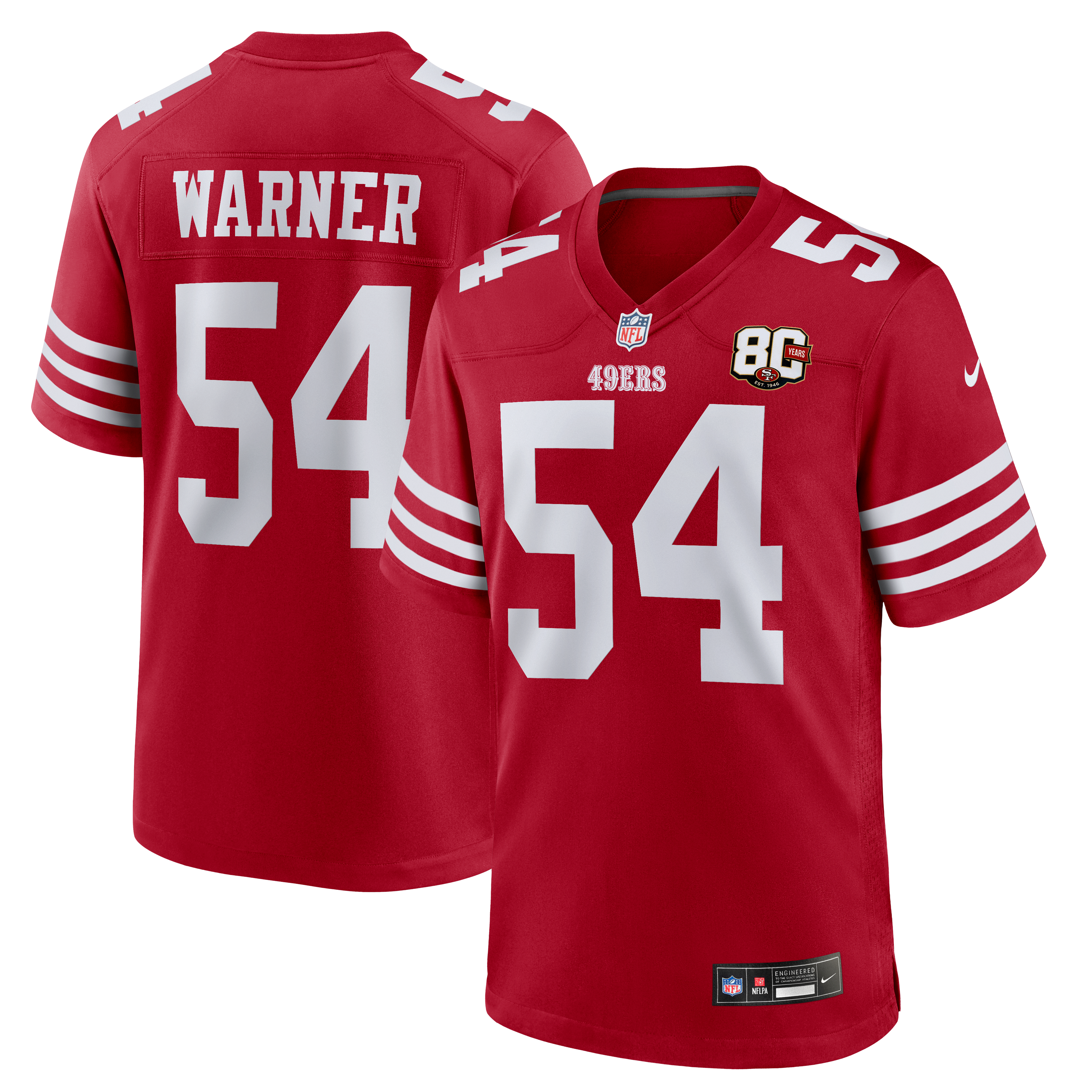 Maillot Nike Fred Warner Scarlet San Francisco 49ers pour homme, édition spéciale 80e anniversaire