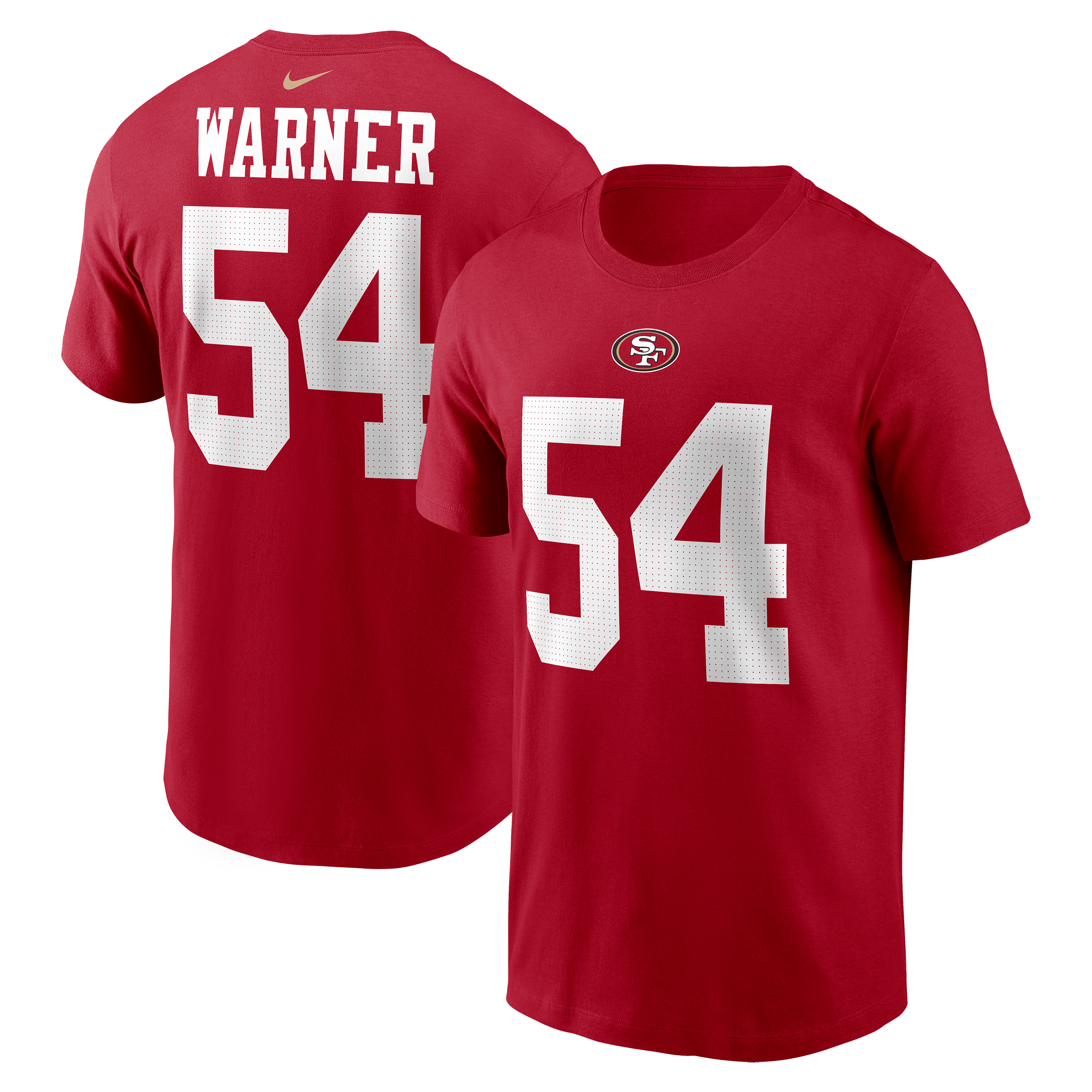 T-shirt Nike Fred Warner rouge écarlate des 49ers de San Francisco pour homme, avec nom et numéro