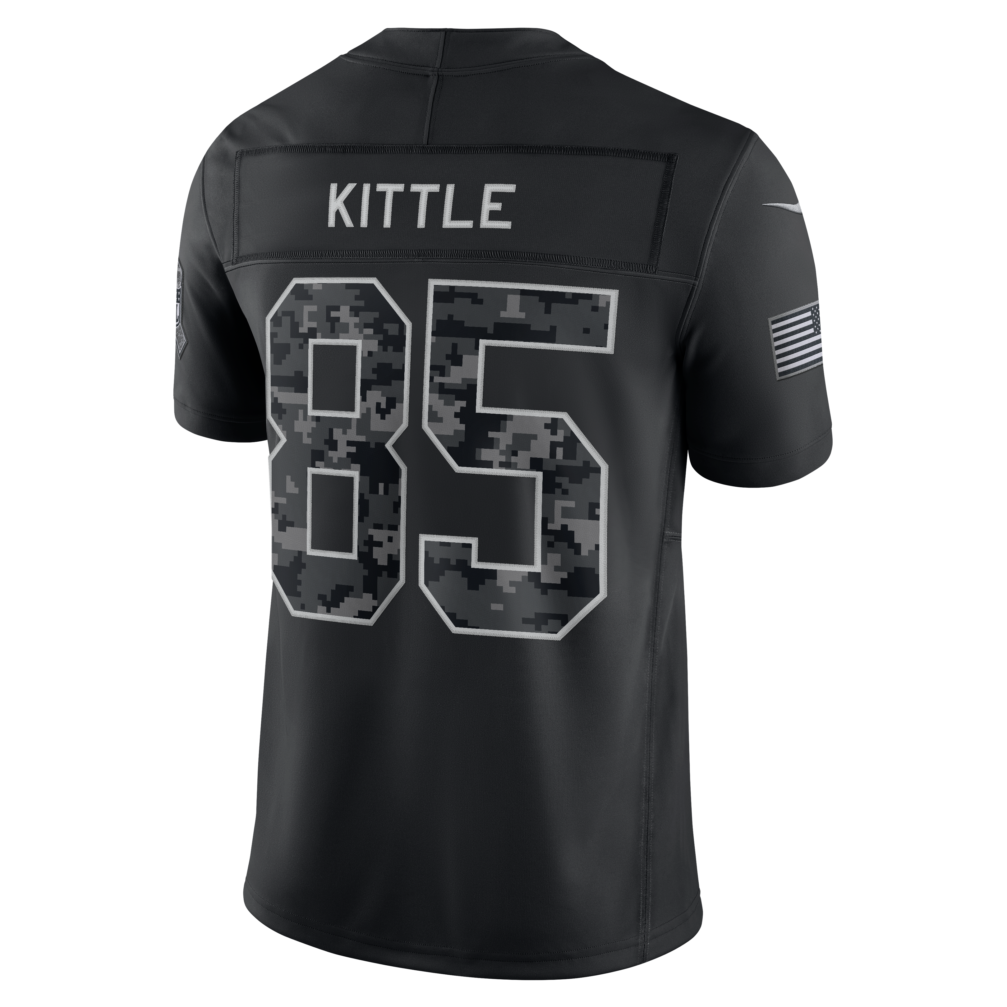 Maillot Nike George Kittle noir pour homme, édition limitée San Francisco 49ers 2026 Salute to Service, cousu.