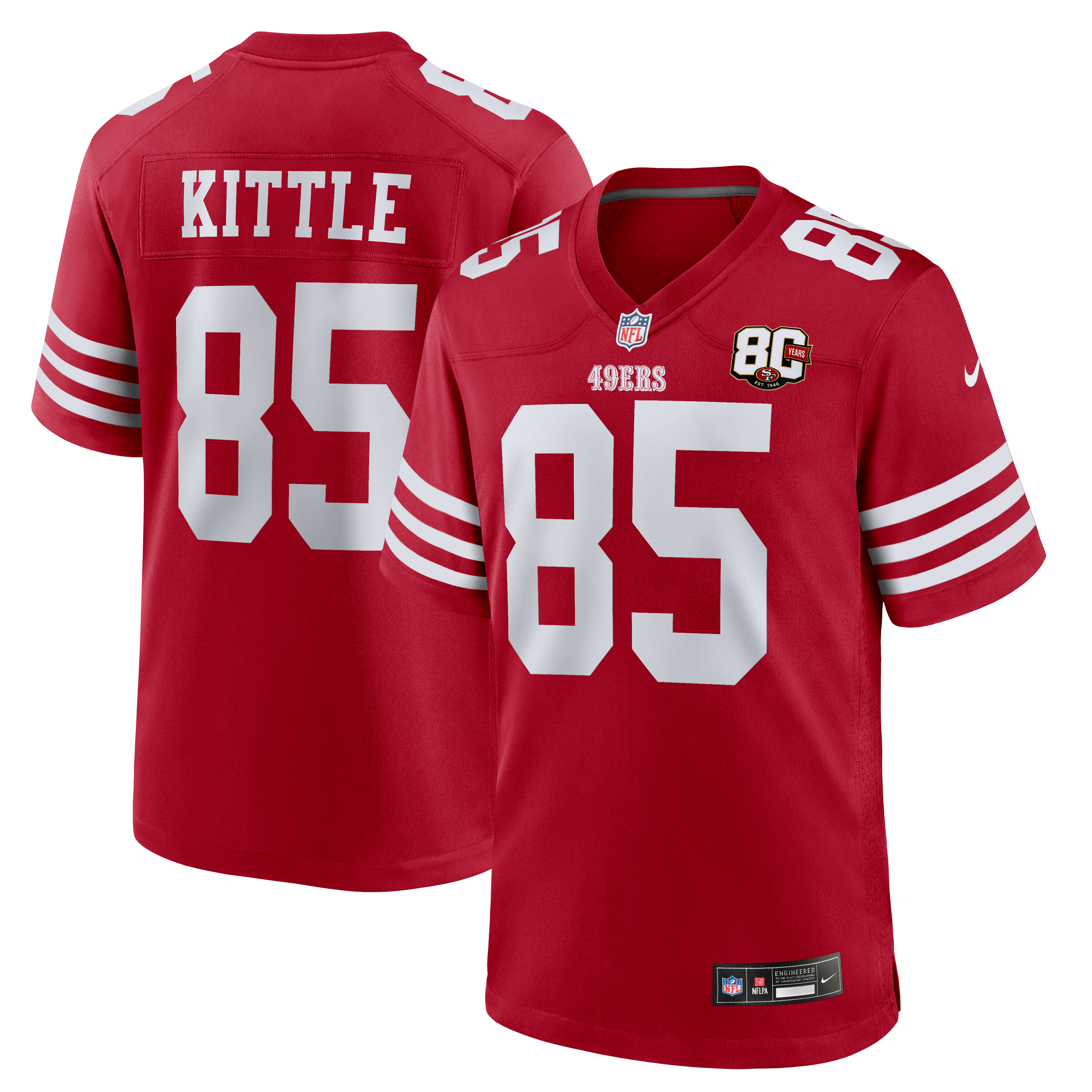 Maillot Nike George Kittle rouge écarlate des 49ers de San Francisco, édition spéciale 80e anniversaire