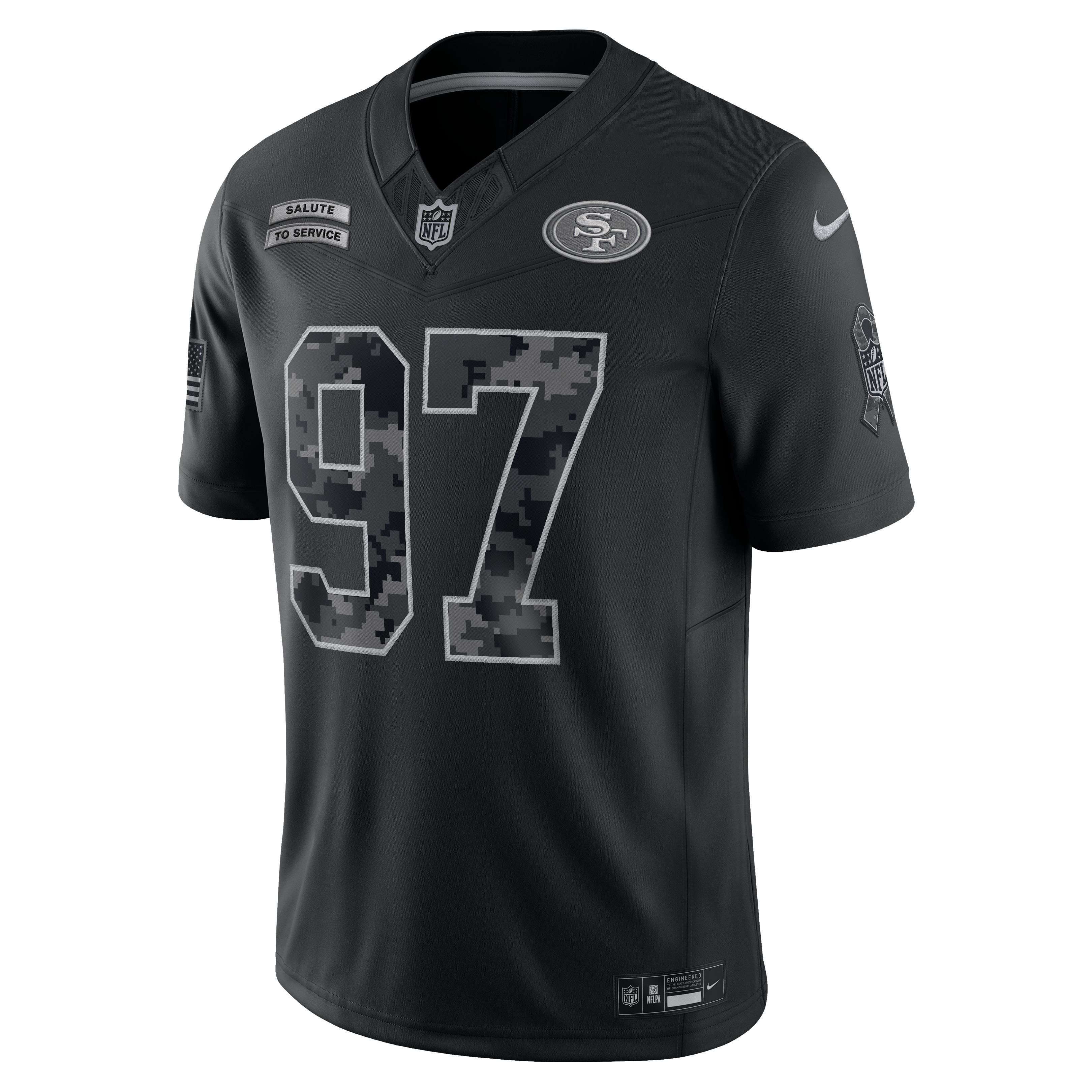Maillot Nike Nick Bosa noir pour homme, édition limitée San Francisco 49ers 2026 Salute to Service, cousu.