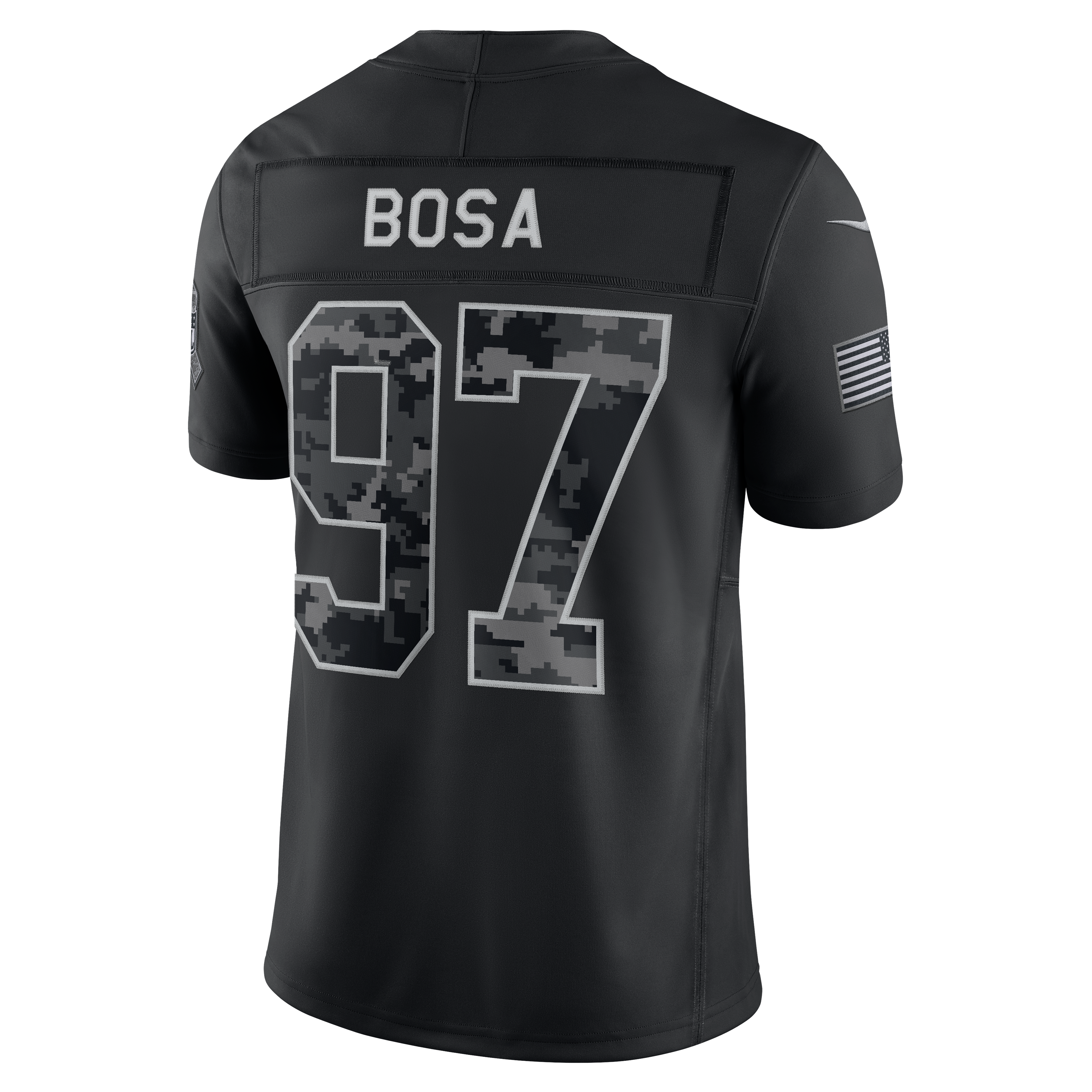 Maillot Nike Nick Bosa noir pour homme, édition limitée San Francisco 49ers 2026 Salute to Service, cousu.