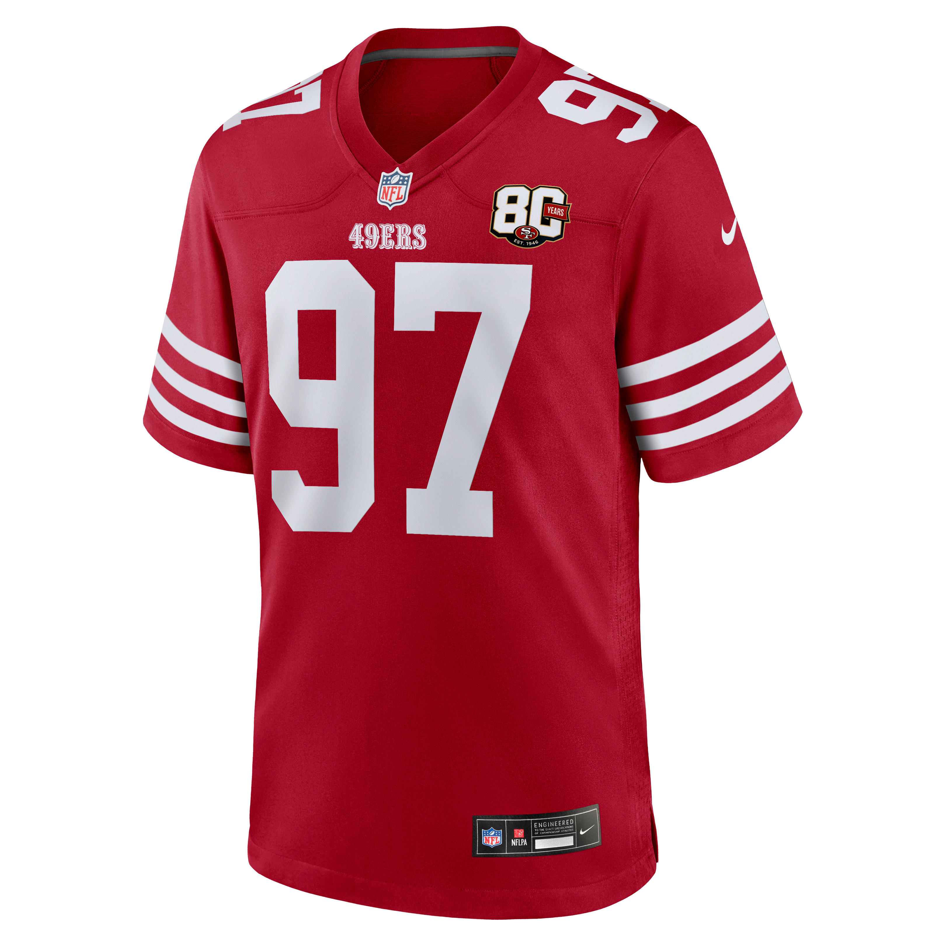 Maillot Nike Nick Bosa Scarlet des 49ers de San Francisco, édition spéciale 80e anniversaire