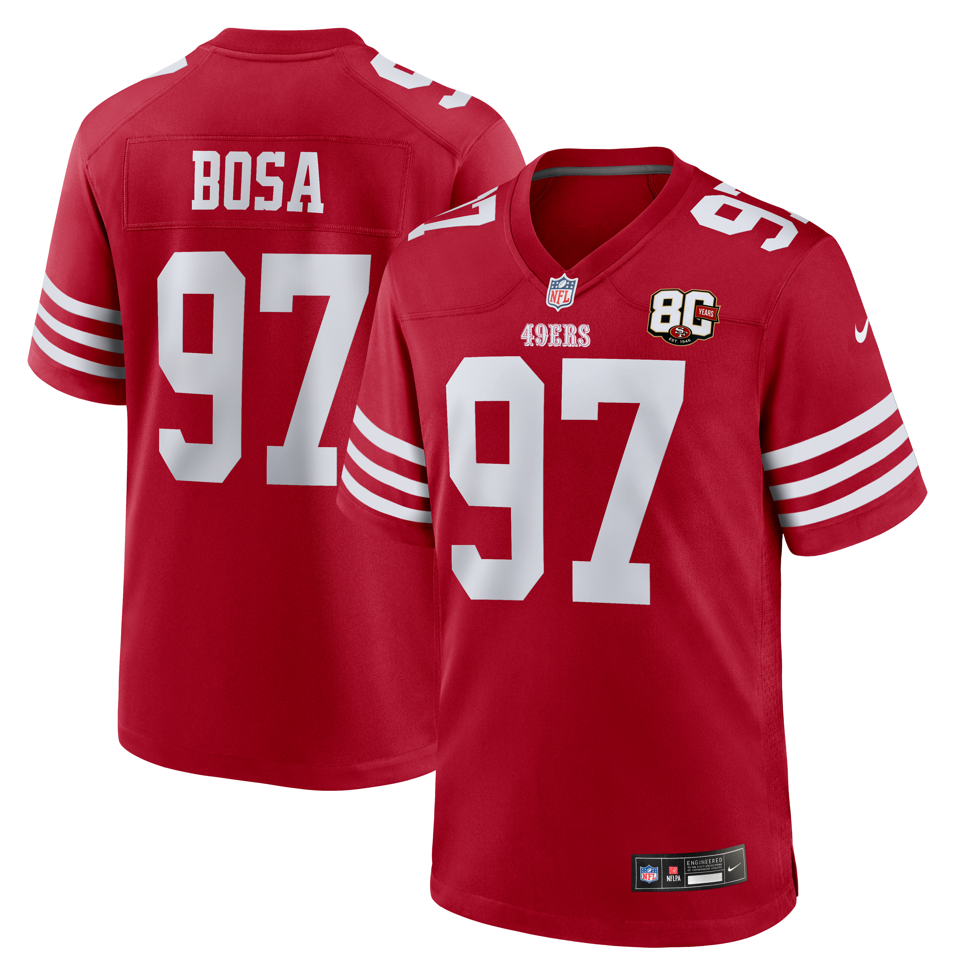 Maillot Nike Nick Bosa Scarlet des 49ers de San Francisco, édition spéciale 80e anniversaire