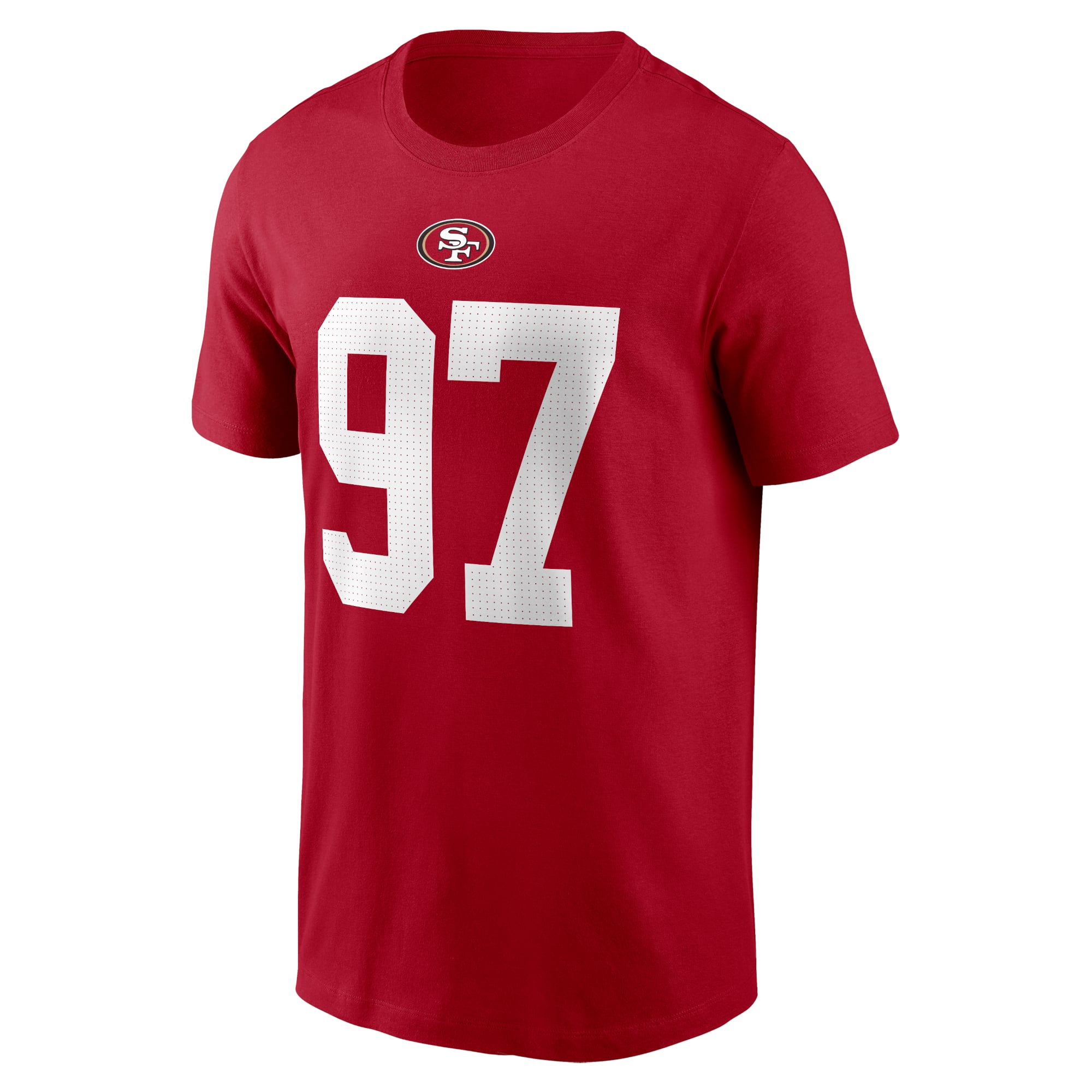 T-shirt Nike Nick Bosa rouge écarlate des 49ers de San Francisco pour homme, avec nom et numéro