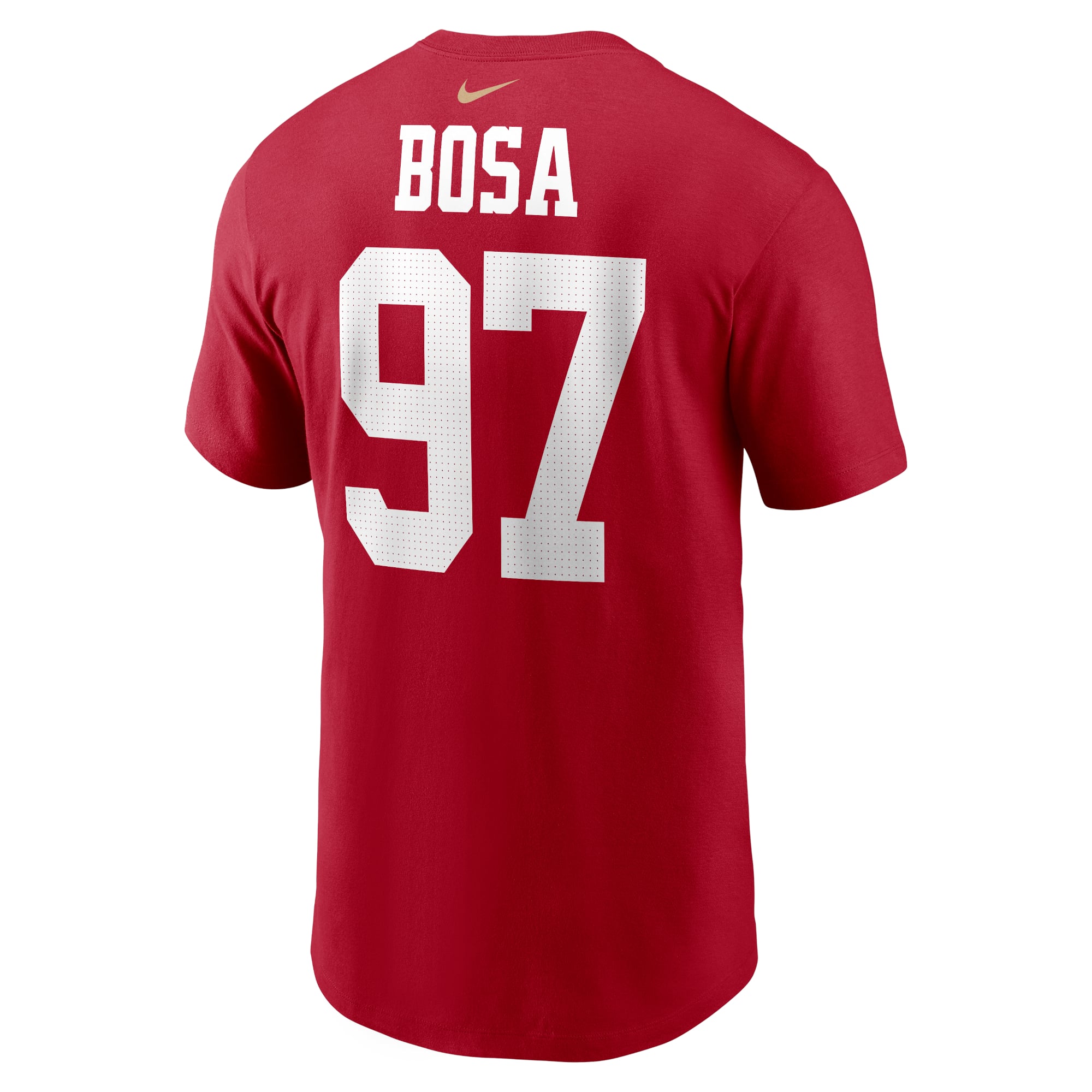 T-shirt Nike Nick Bosa rouge écarlate des 49ers de San Francisco pour homme, avec nom et numéro