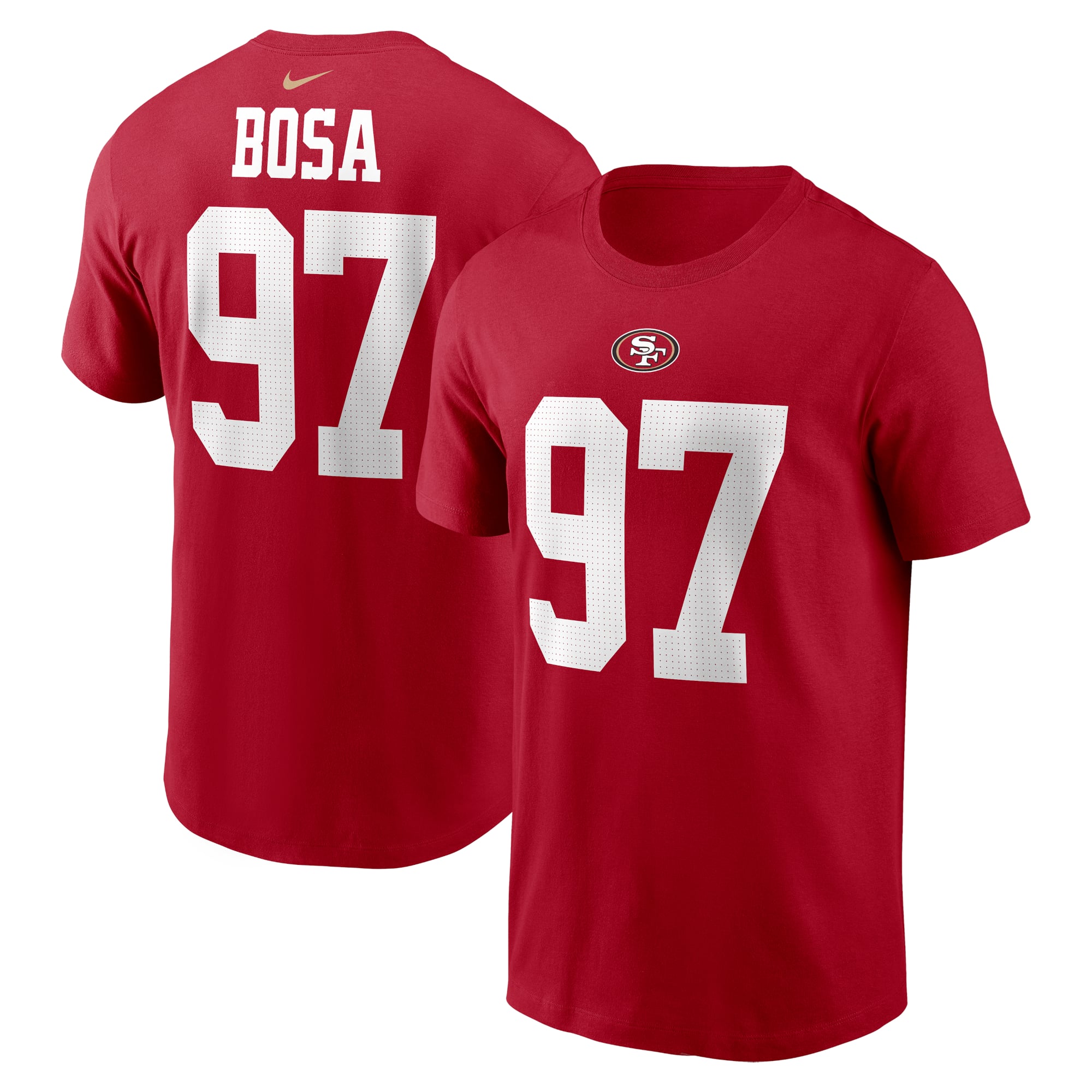 T-shirt Nike Nick Bosa rouge écarlate des 49ers de San Francisco pour homme, avec nom et numéro