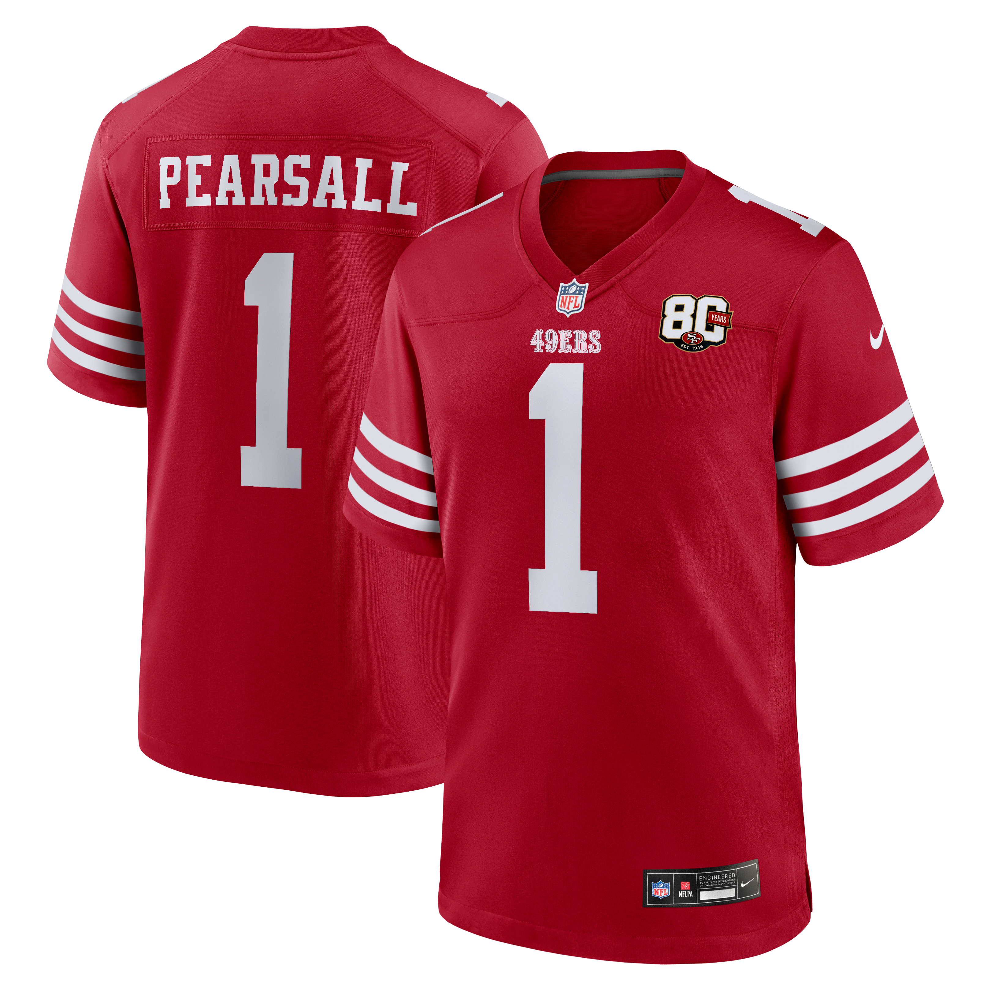 Maillot Nike Ricky Pearsall Scarlet des 49ers de San Francisco, édition spéciale 80e anniversaire