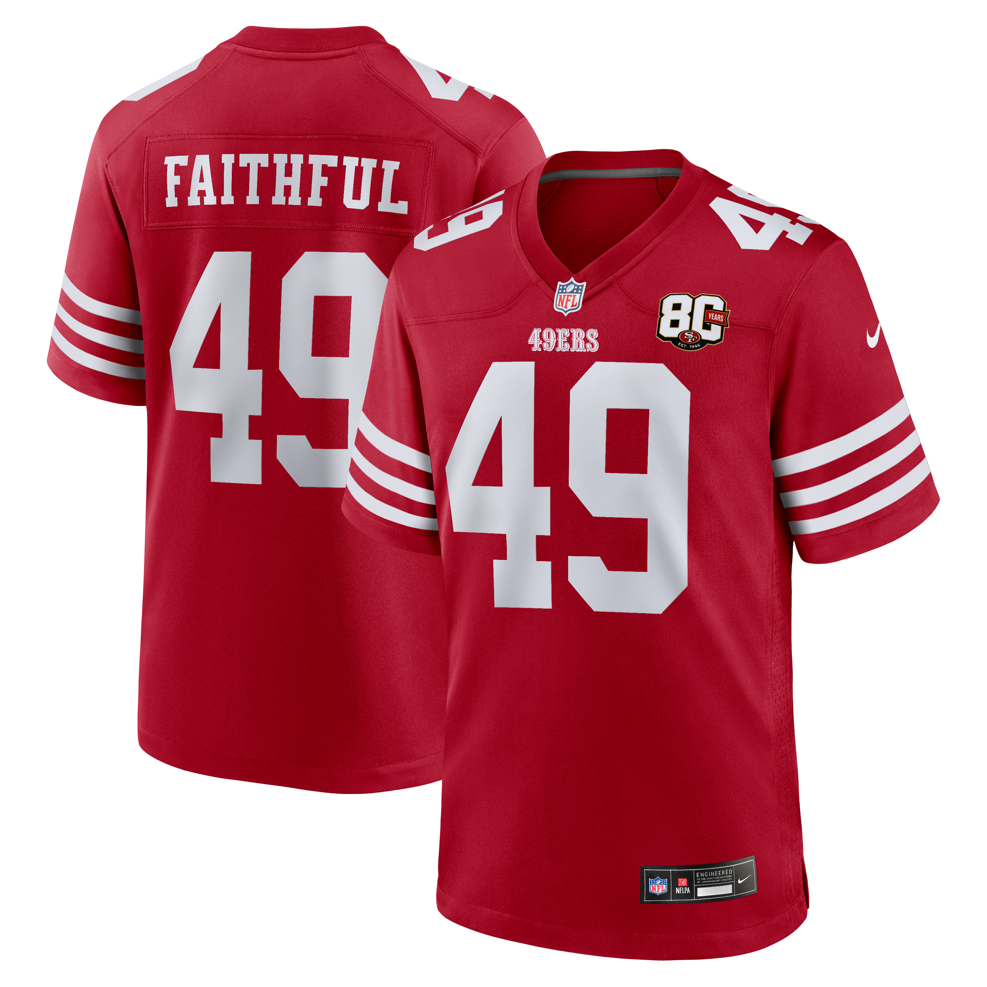 Maillot Nike The Faithful Scarlet pour homme, édition spéciale 80e anniversaire des 49ers de San Francisco
