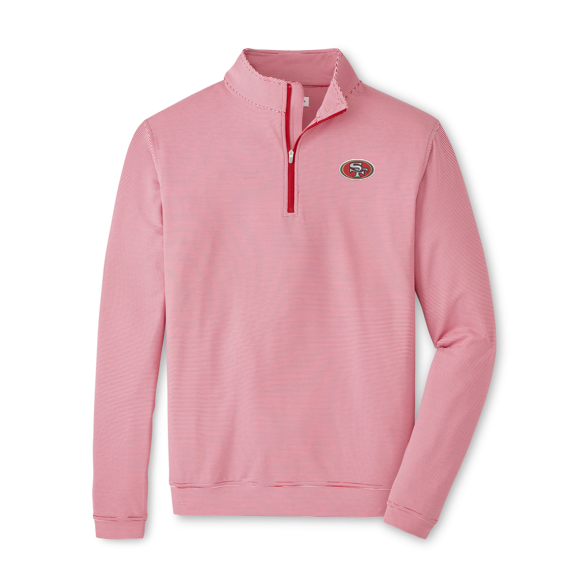Men's Peter Millar Scarlet/White San Francisco 49ers Perth Sugar Stripe Performance Quarter-Zip Pullover