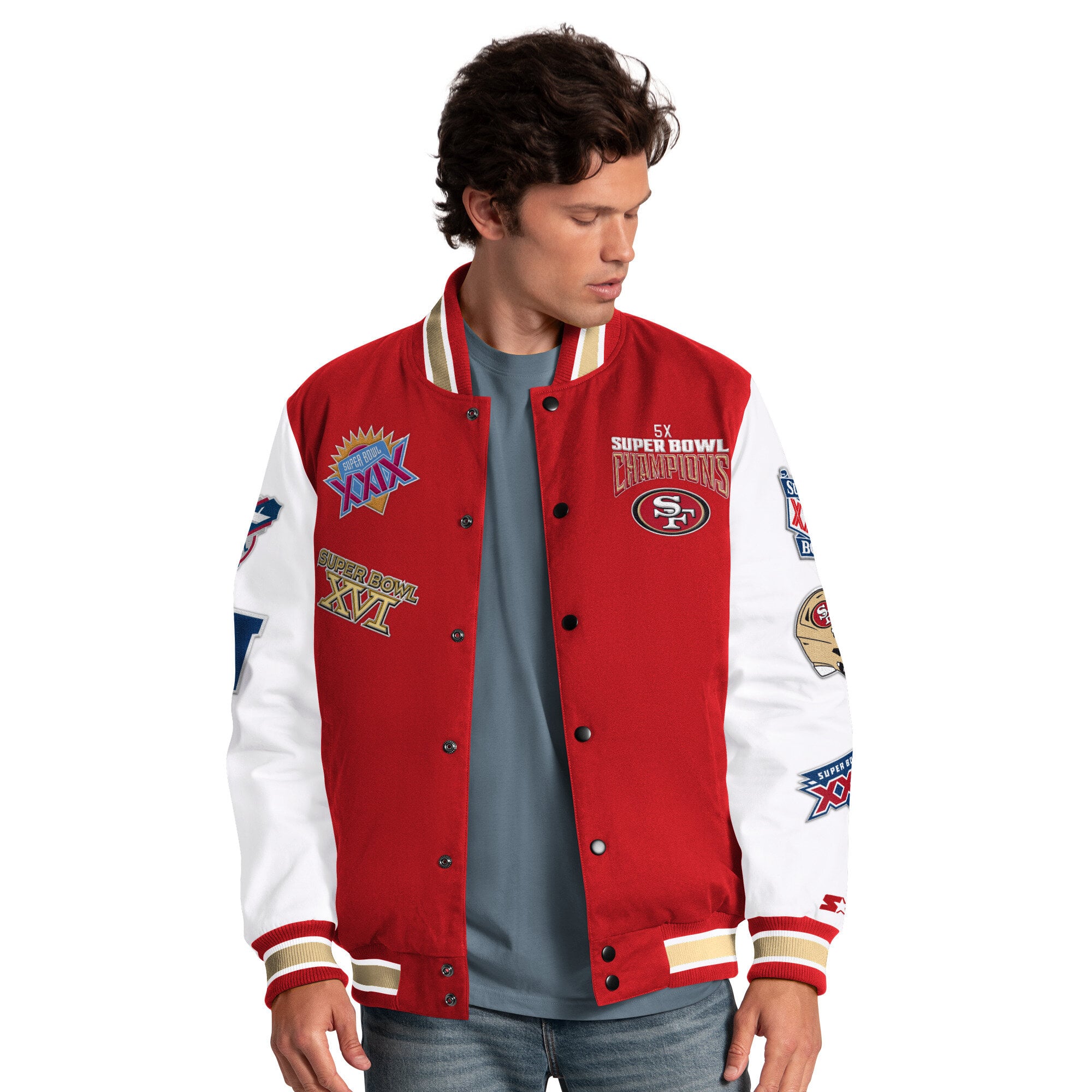 Veste universitaire Starter Scarlet San Francisco 49ers Playoffs pour homme, à boutons-pression.