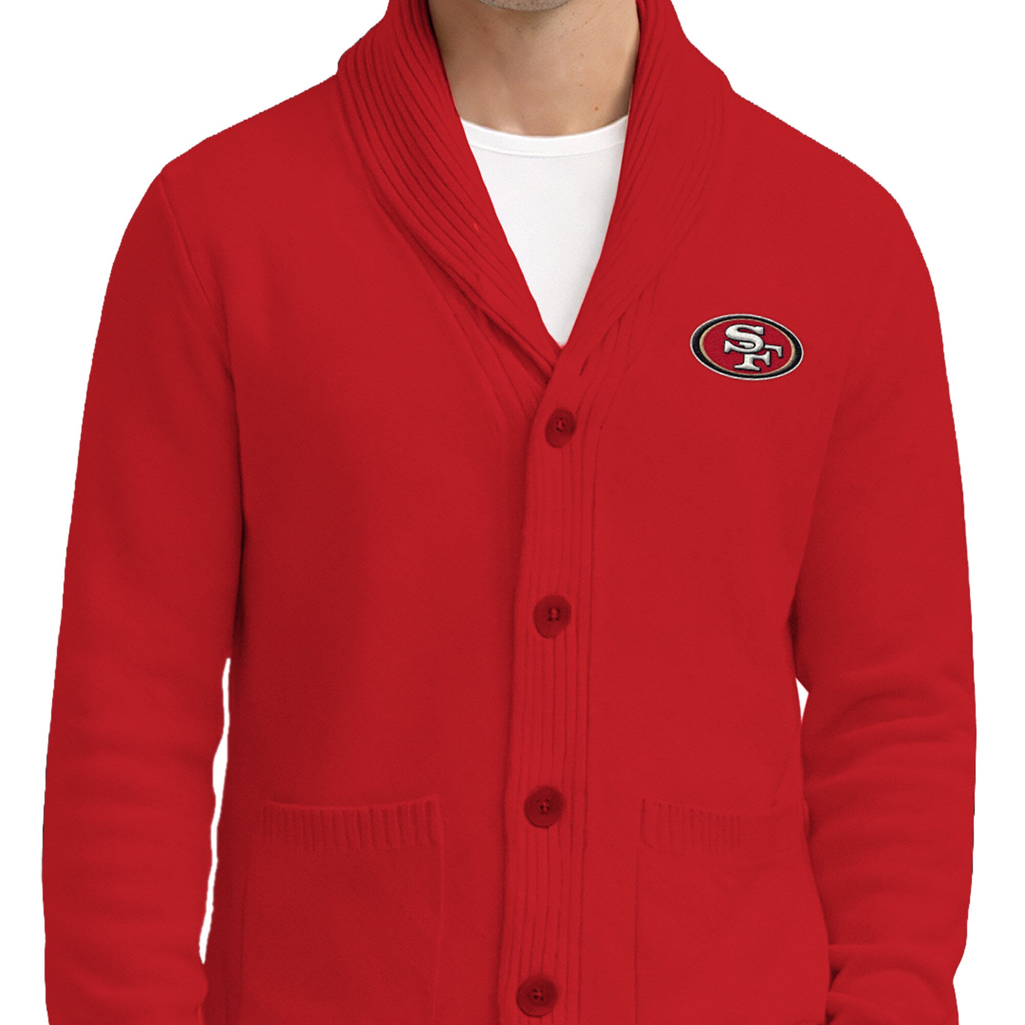 Men's Starter Scarlet San Francisco 49ers Shawl Collar Heavy Knit Cardigan Sweater