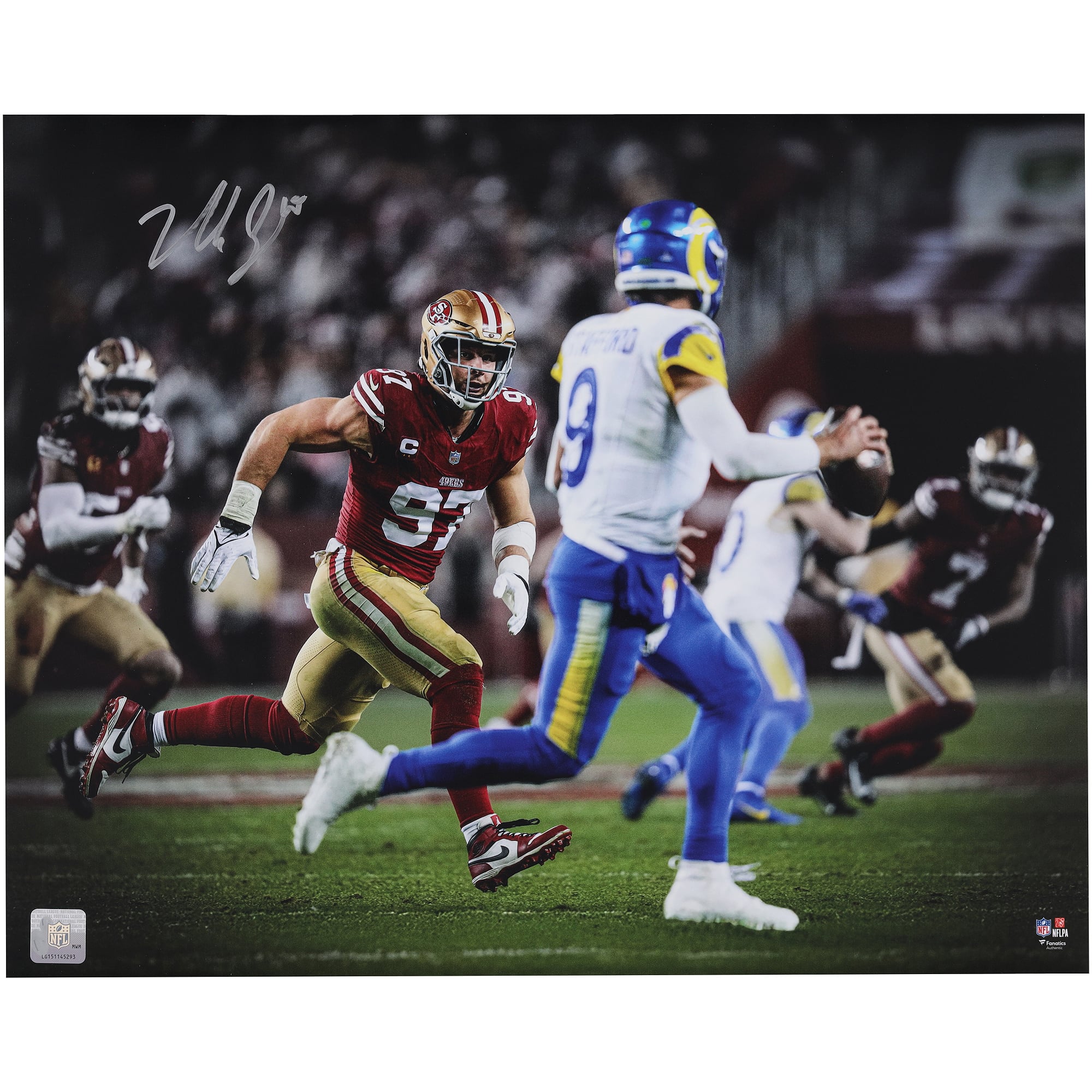 Nick Bosa San Francisco 49ers Autographed 16" x 20" Hunting Down Matthew Stafford Spotlight Photograph