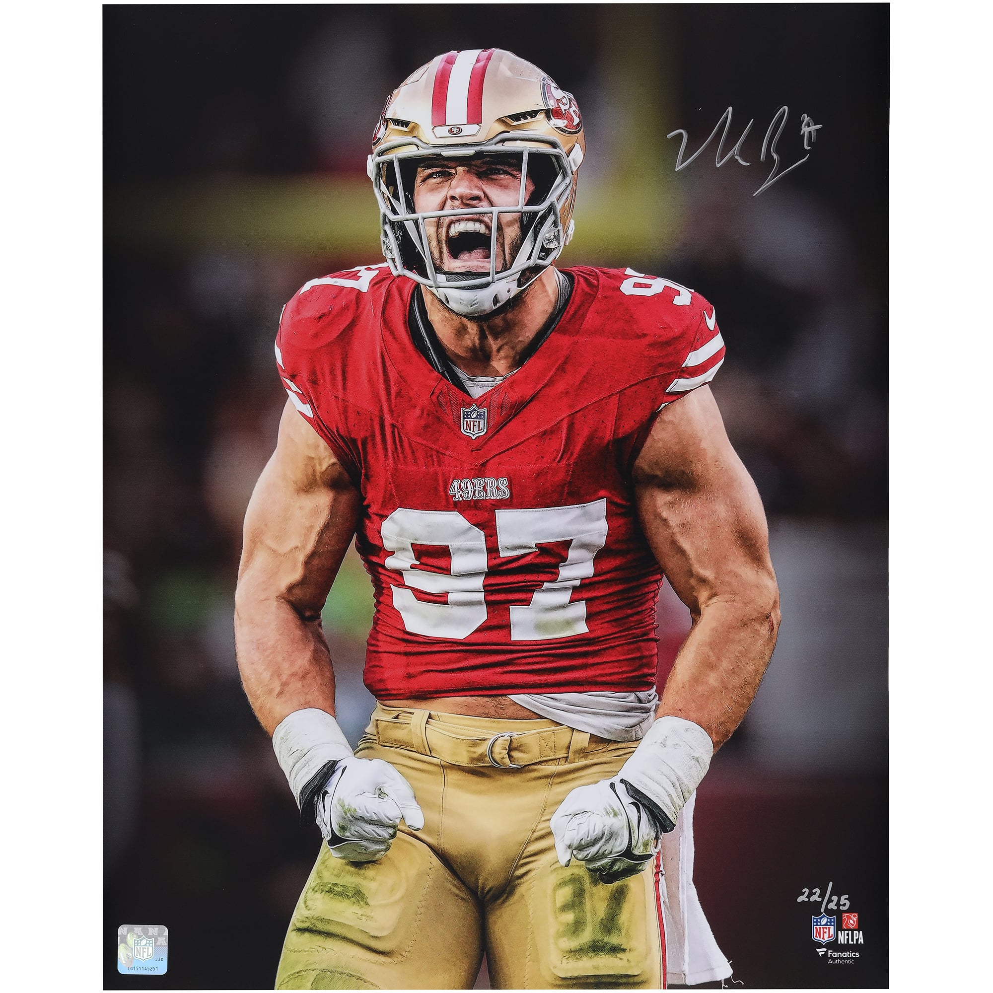 Photo dédicacée de Nick Bosa (40,6 x 50,8 cm) des 49ers de San Francisco - Édition limitée à 25 exemplaires
