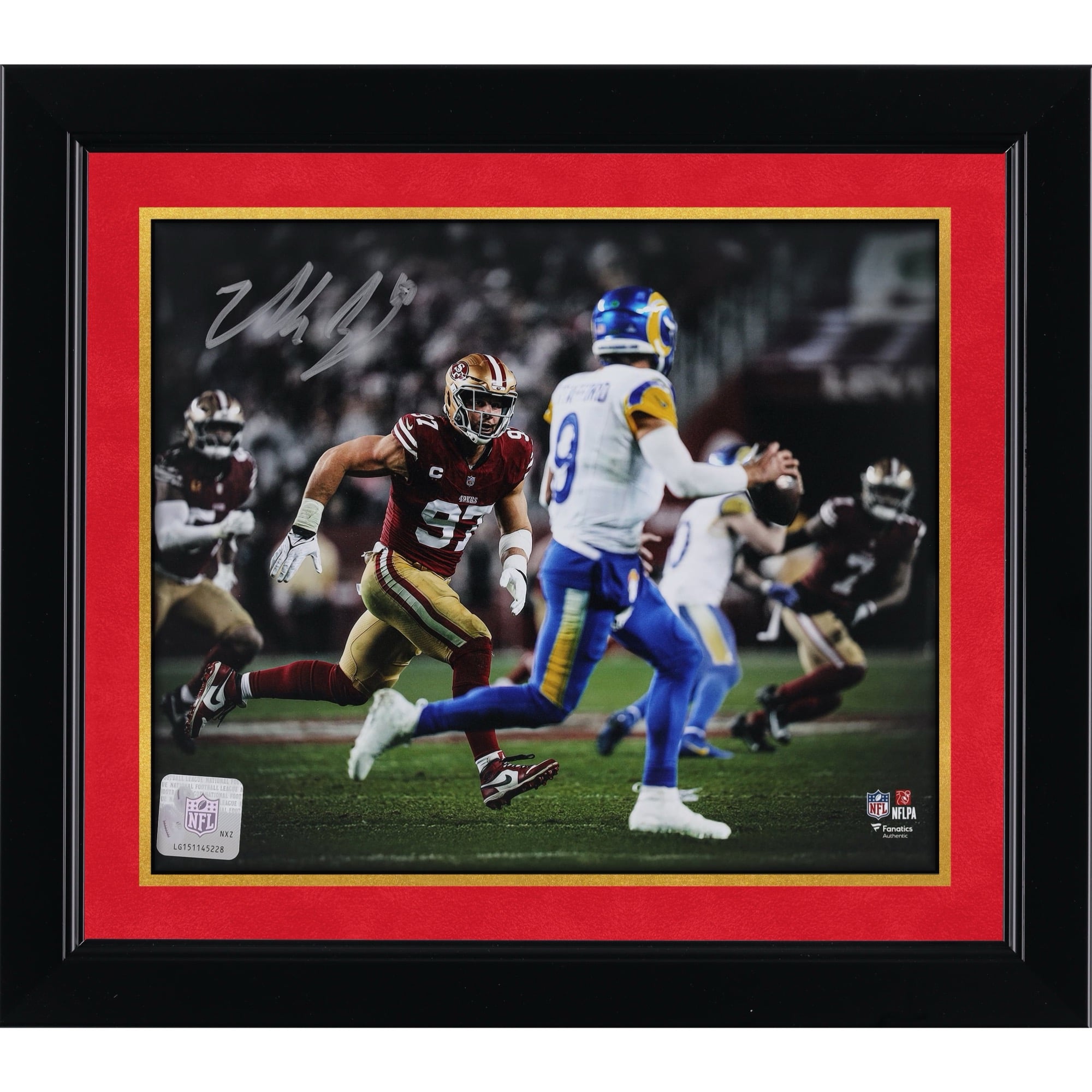 Nick Bosa San Francisco 49ers Autographed 8" x 10" Hunting Down Matthew Stafford Spotlight Photograph