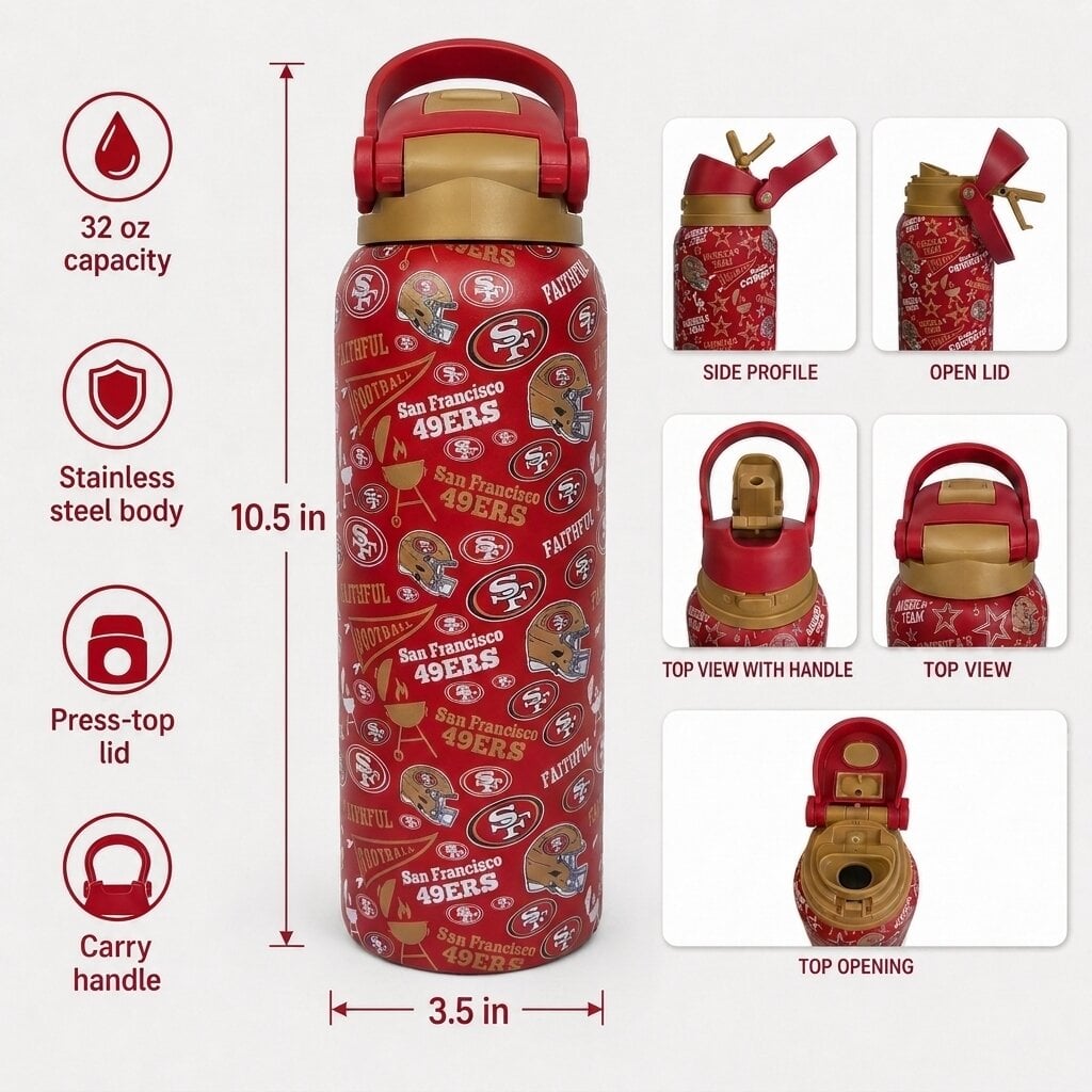 Gourde Pegasus San Francisco 49ers 32 oz, fanion de match, en acier inoxydable ProPress