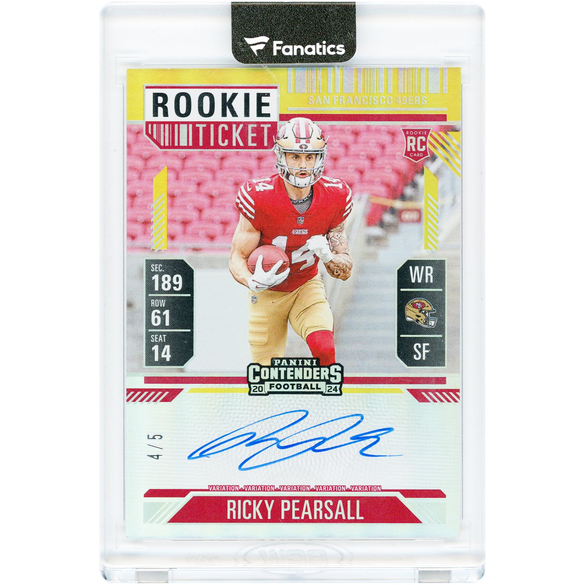 Ricky Pearsall San Francisco 49ers Autographed 2024 Panini Contenders Rookie Ticket Variation #109 #4/5 Rookie Card