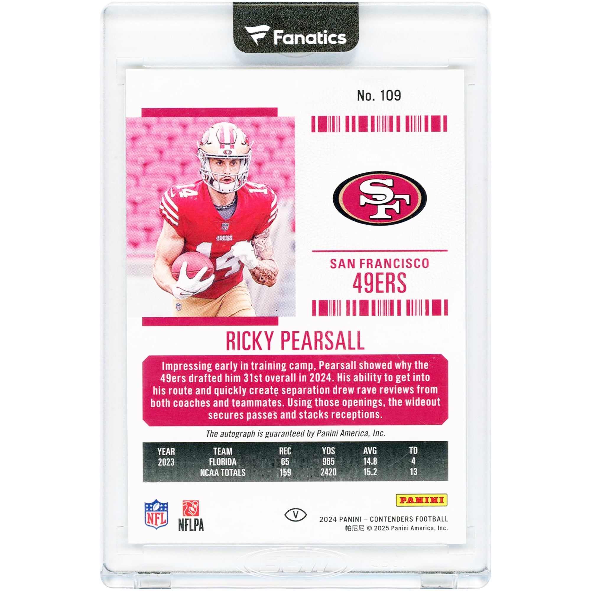 Ricky Pearsall San Francisco 49ers Autographed 2024 Panini Contenders Rookie Ticket Variation #109 #4/5 Rookie Card