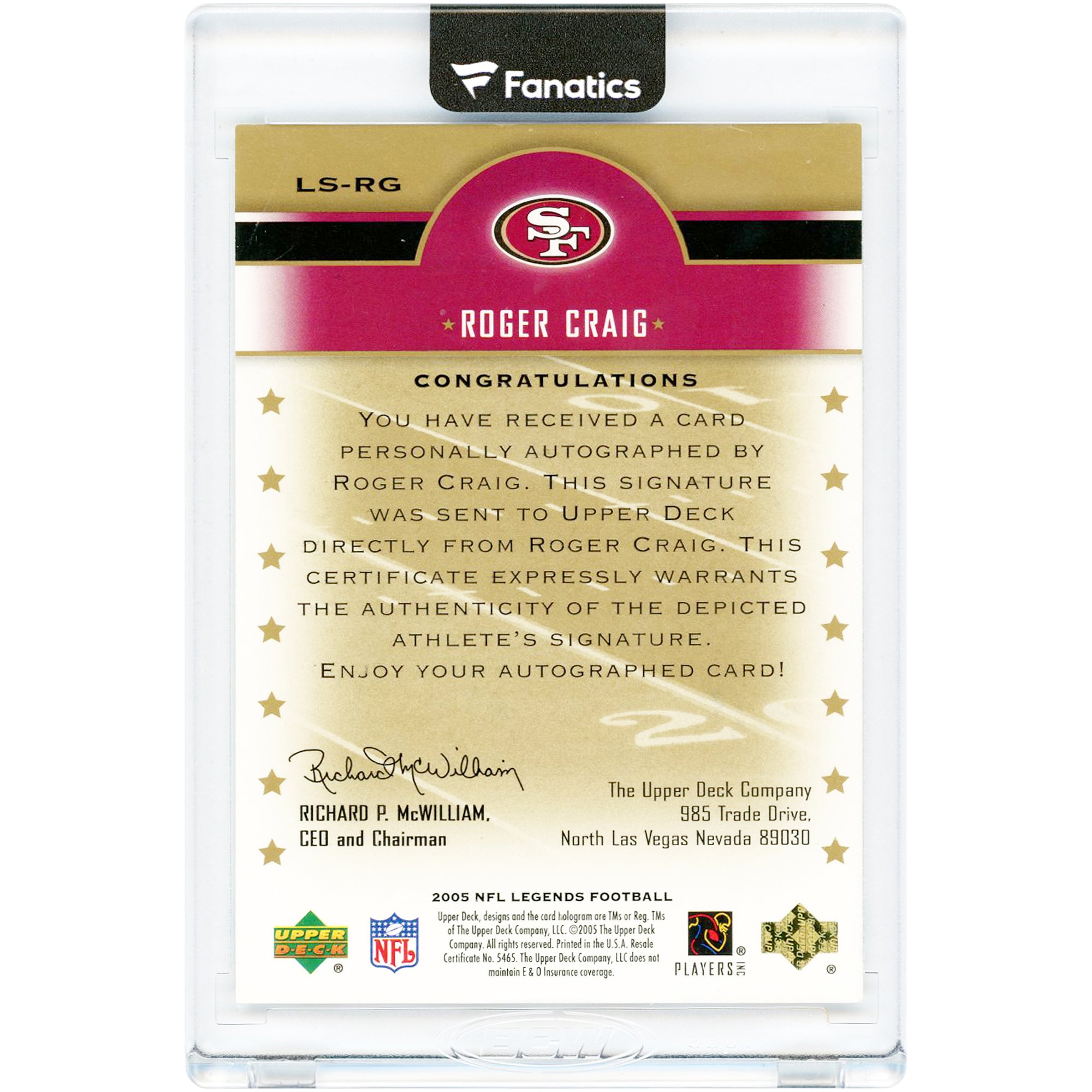 Carte autographiée par Roger Craig des 49ers de San Francisco, collection Upper Deck NFL Legends Legendary Signatures 2005, numéro LS-RG