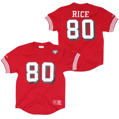 Sudadera de cuello redondo con nombre y número de Jerry Rice de Mitchell & Ness de los San Francisco 49ers para hombre