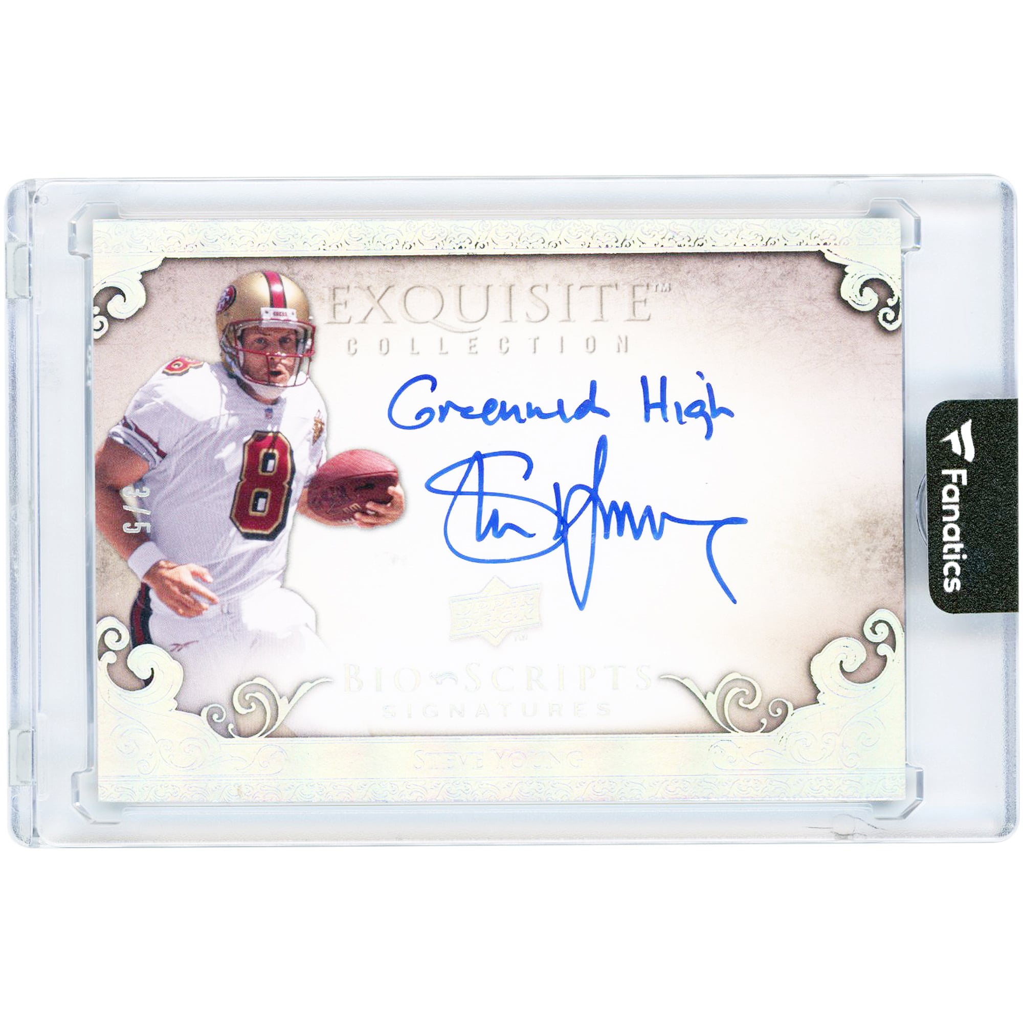 Steve Young San Francisco 49ers Autographed 2009 Upper Deck Exquisite Collection Bio Scripts #BIO-SY #3/5 Card with "Greenwich High" Inscription