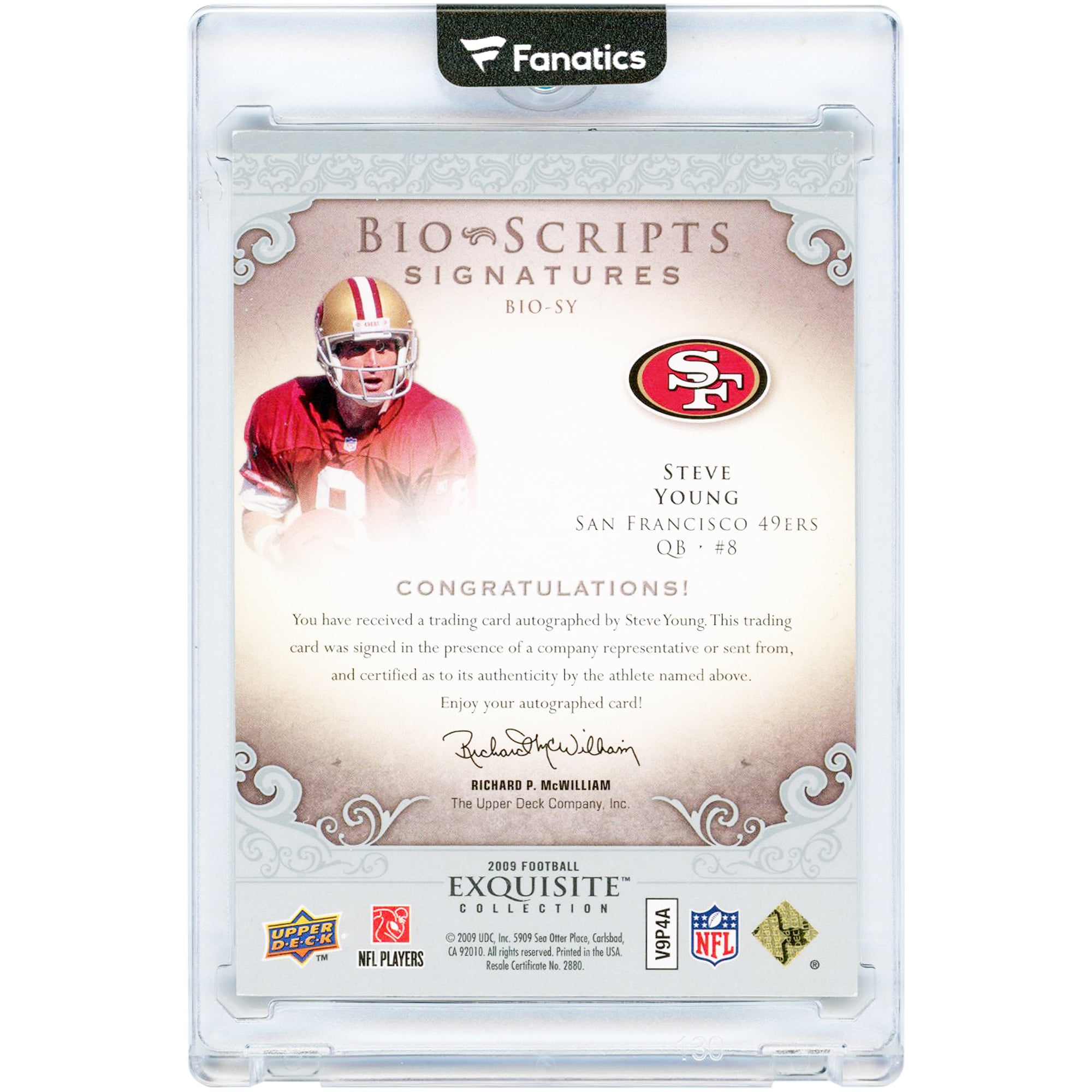 Steve Young San Francisco 49ers Autographed 2009 Upper Deck Exquisite Collection Bio Scripts #BIO-SY #3/5 Card with "Greenwich High" Inscription