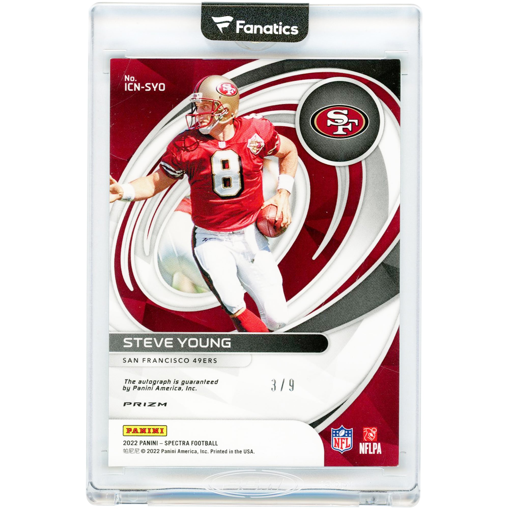 Steve Young San Francisco 49ers Autographed 2022 Panini Spectra Icons Green Scope #ICN-SYO #3/9 Card