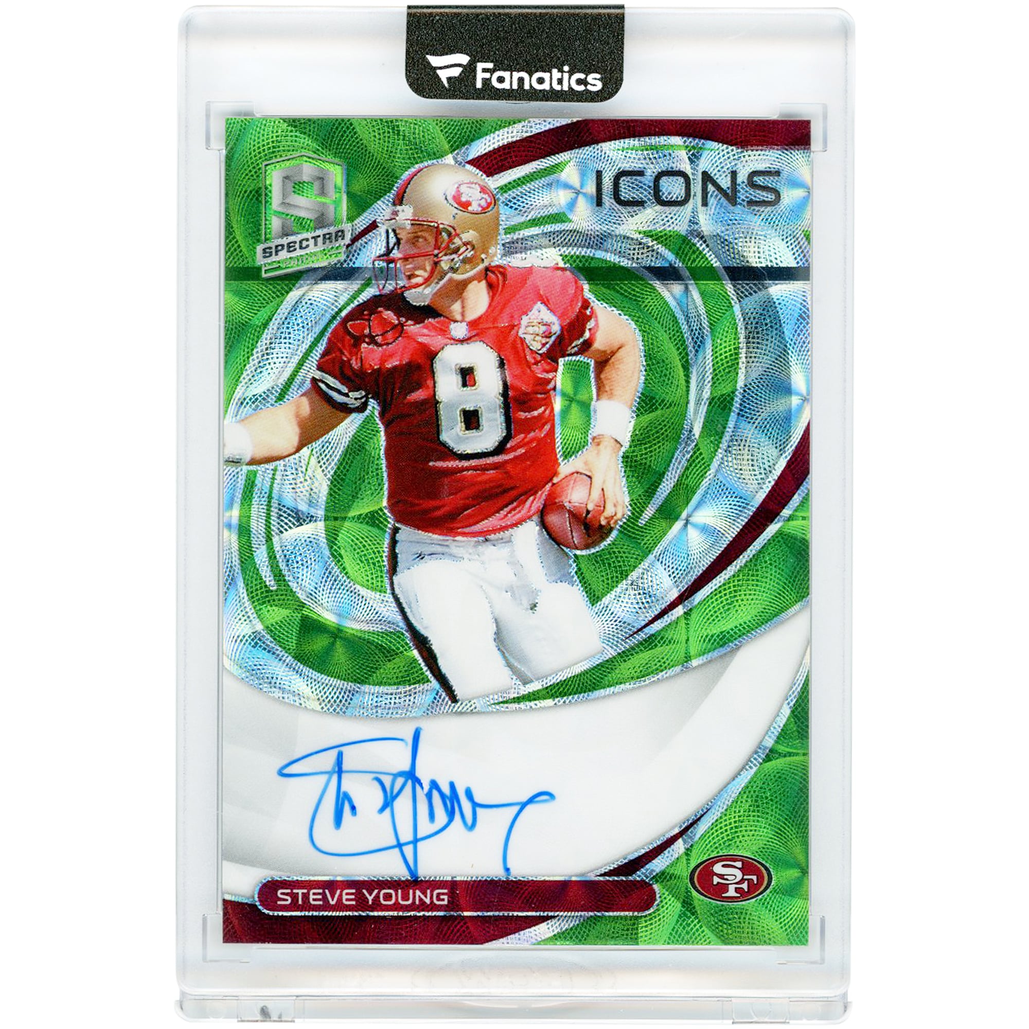 Steve Young San Francisco 49ers Autographed 2022 Panini Spectra Icons Green Scope #ICN-SYO #3/9 Card
