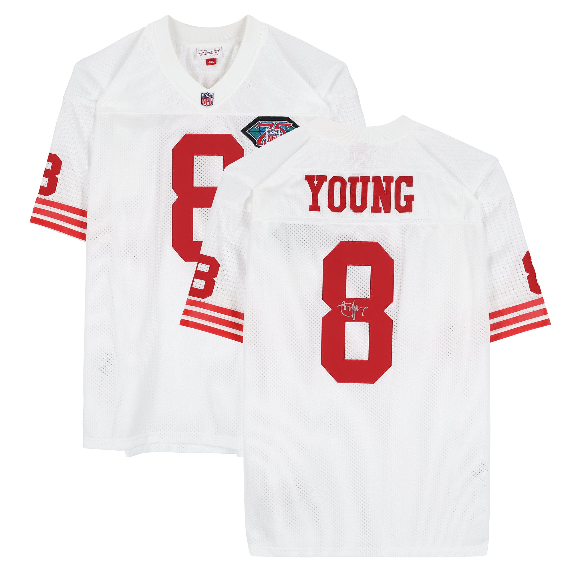 Maillot authentique Mitchell & Ness blanc autographié par Steve Young des 49ers de San Francisco (1994)