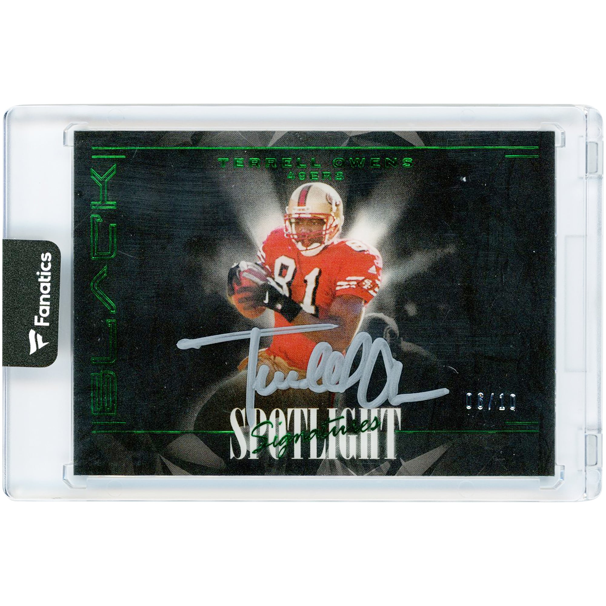 Terrell Owens San Francisco 49ers Autographed 2024 Panini Black Spotlight Emerald #SSH-TOS #6/10 Card